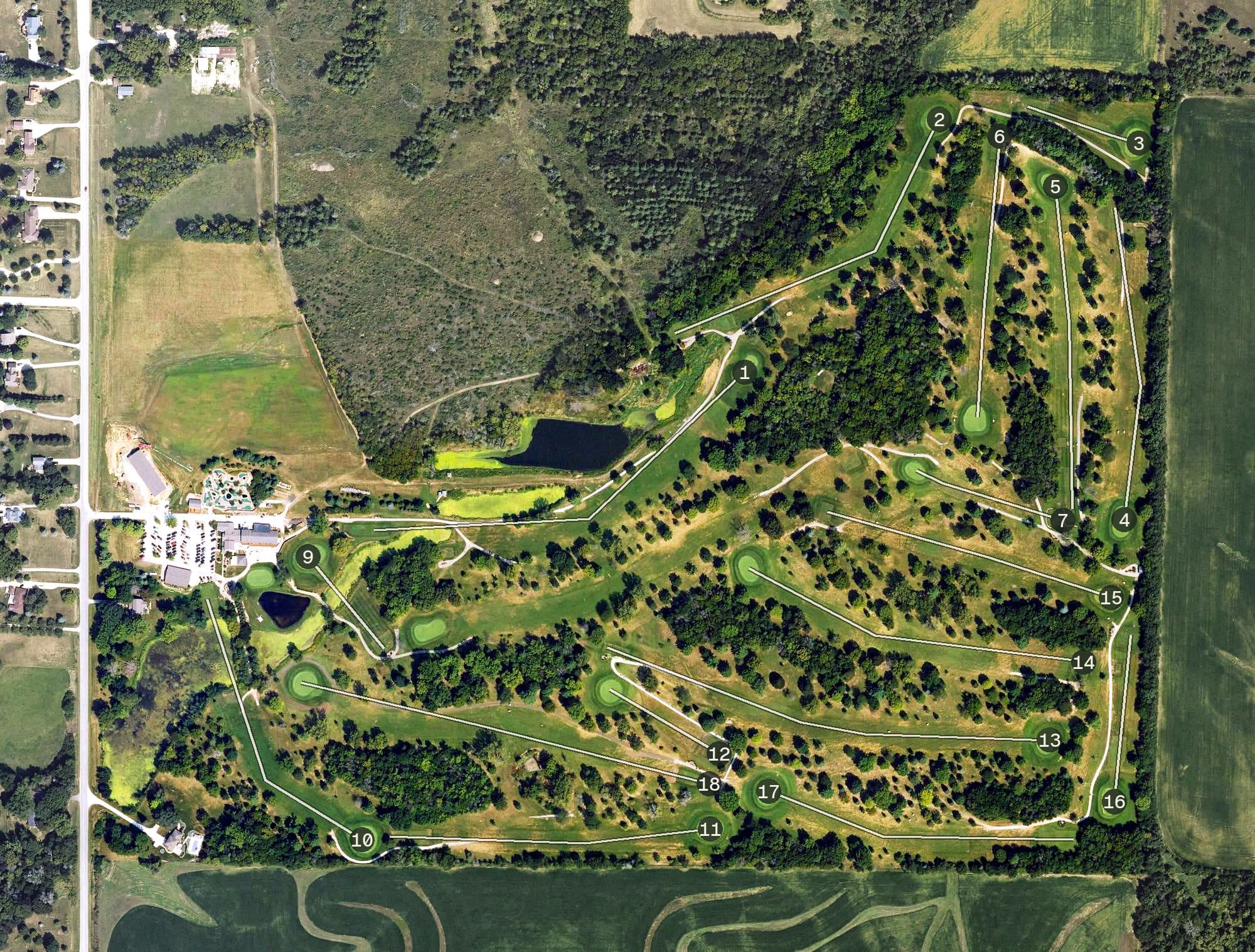 Aerial view of Toad Valley Golf Course, IA, with its hole routing marked