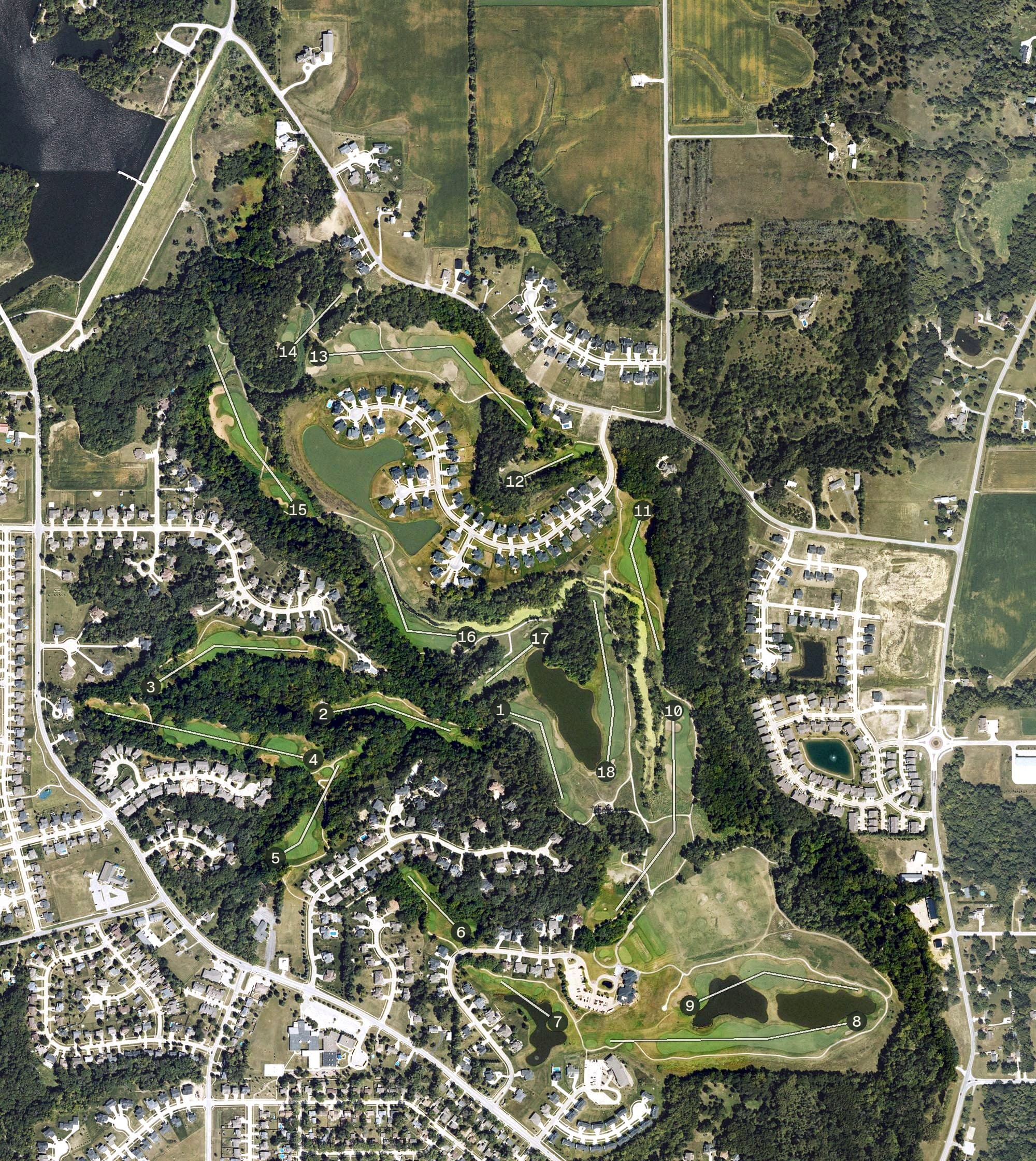 Aerial view of Tournament Club of Iowa, IA, with its hole routing marked