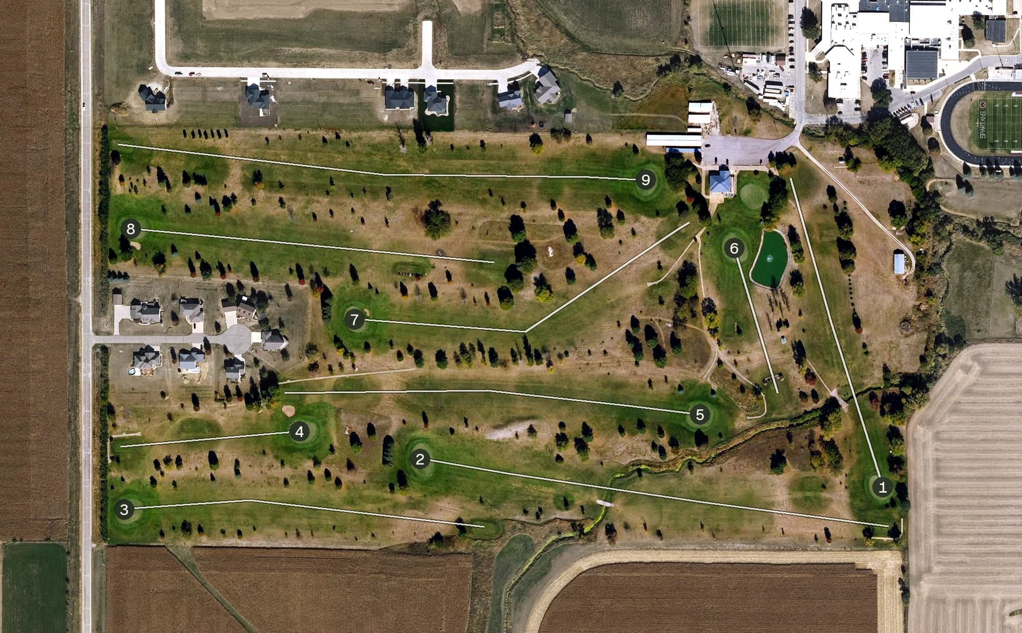 Aerial view of Town and Country Golf Club, IA, with its hole routing marked
