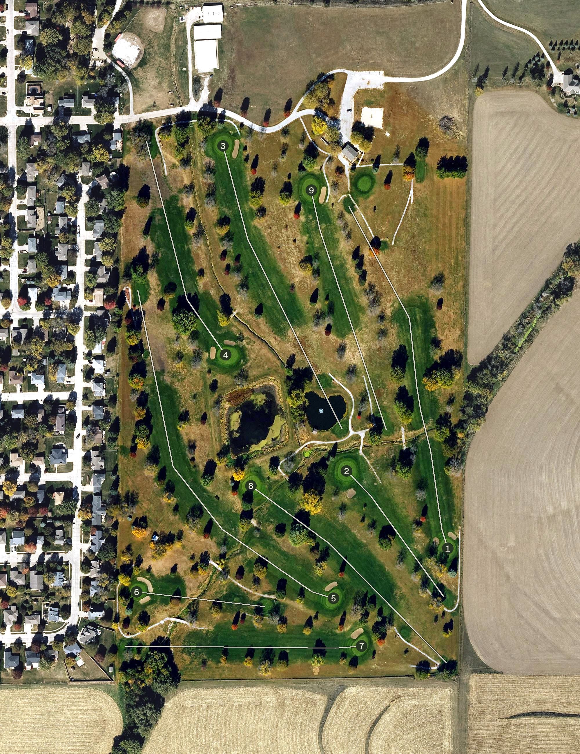 Aerial view of Treynor Recreation Area, IA, with its hole routing marked