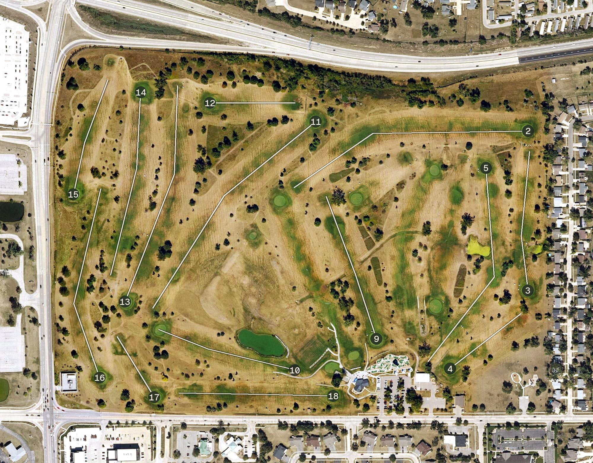 Aerial view of Twin Pines Golf Course, IA, with its hole routing marked