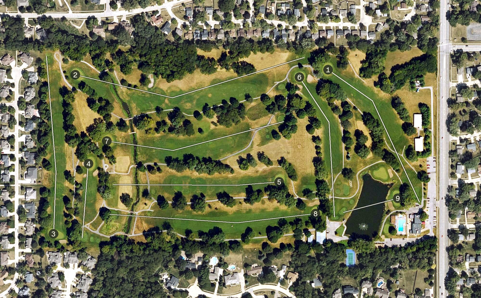 Aerial view of Urbandale Golf & Country Club, IA, with its hole routing marked