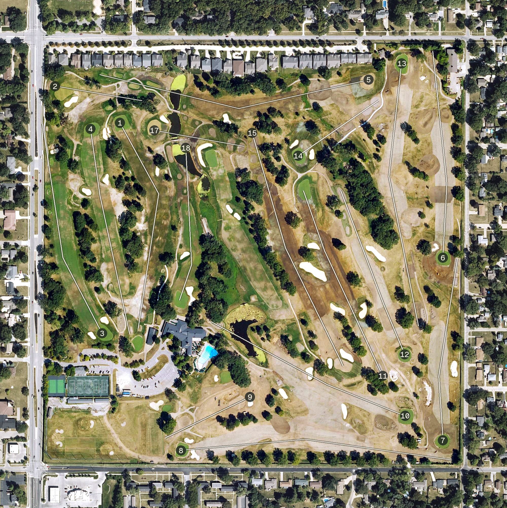 Aerial view of Wakonda Club, IA, with its hole routing marked