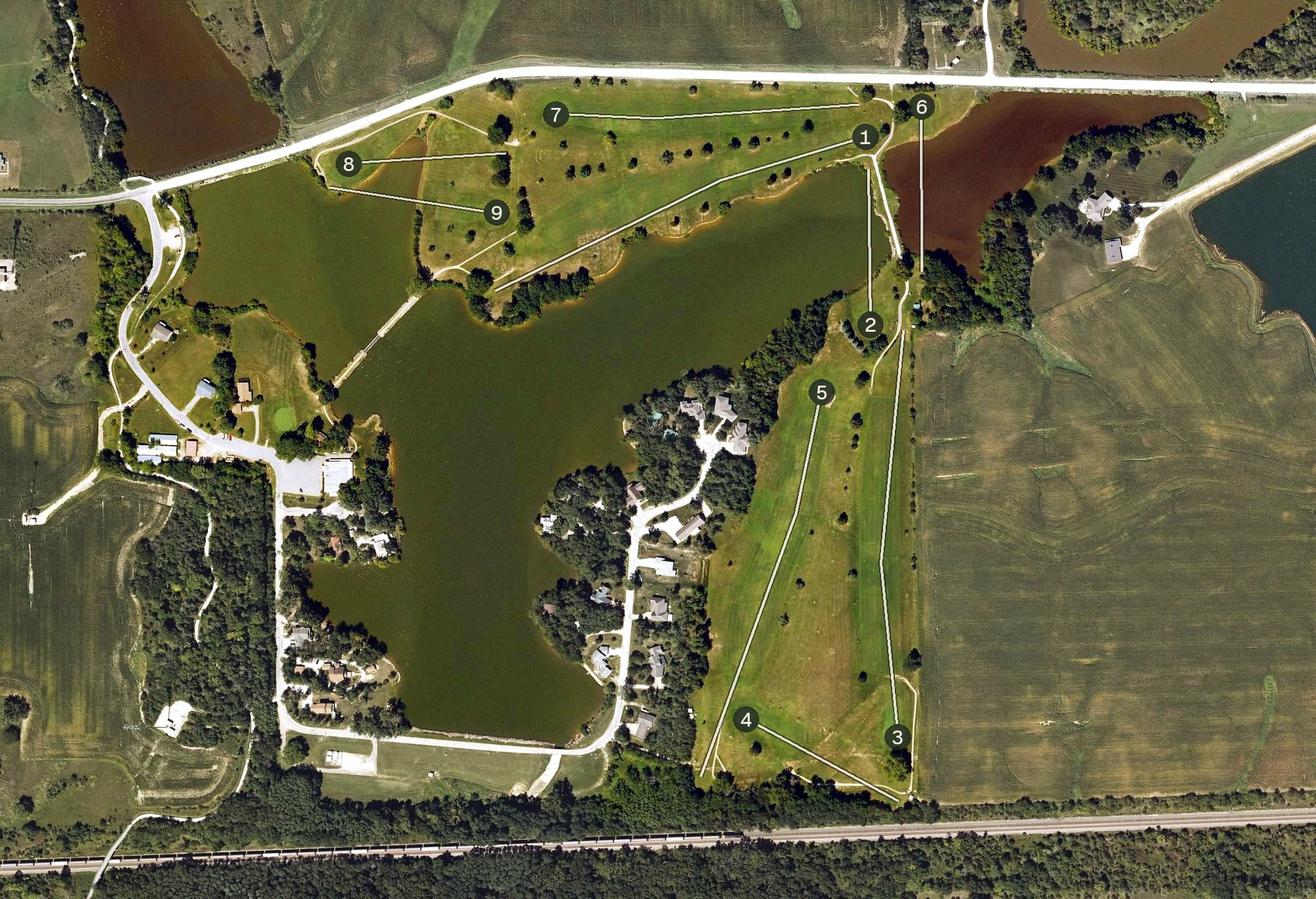 Aerial view of Walton Golf Club, IA, with its hole routing marked