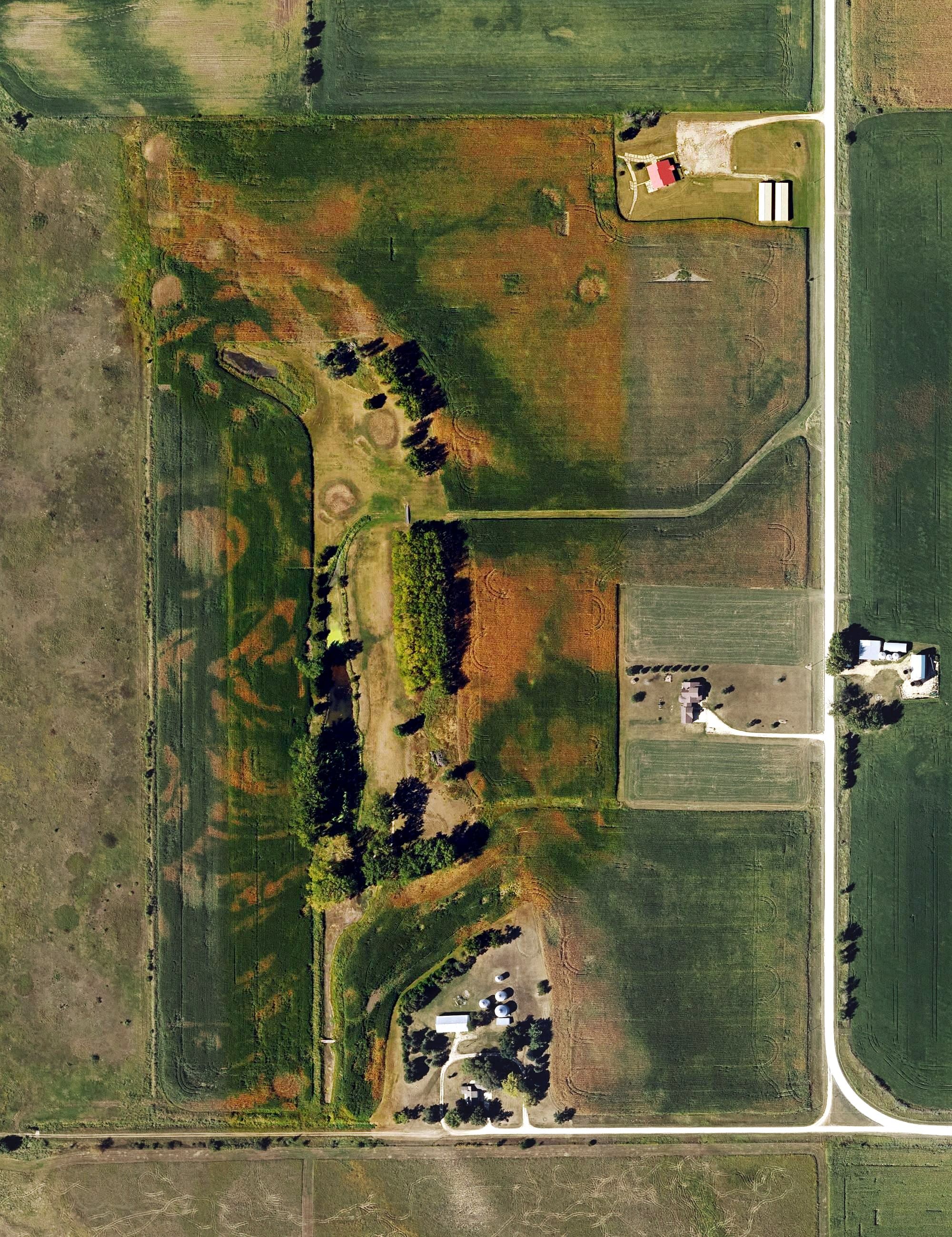 Aerial view of Wapsie Ridge Golf Course, IA, with its hole routing marked