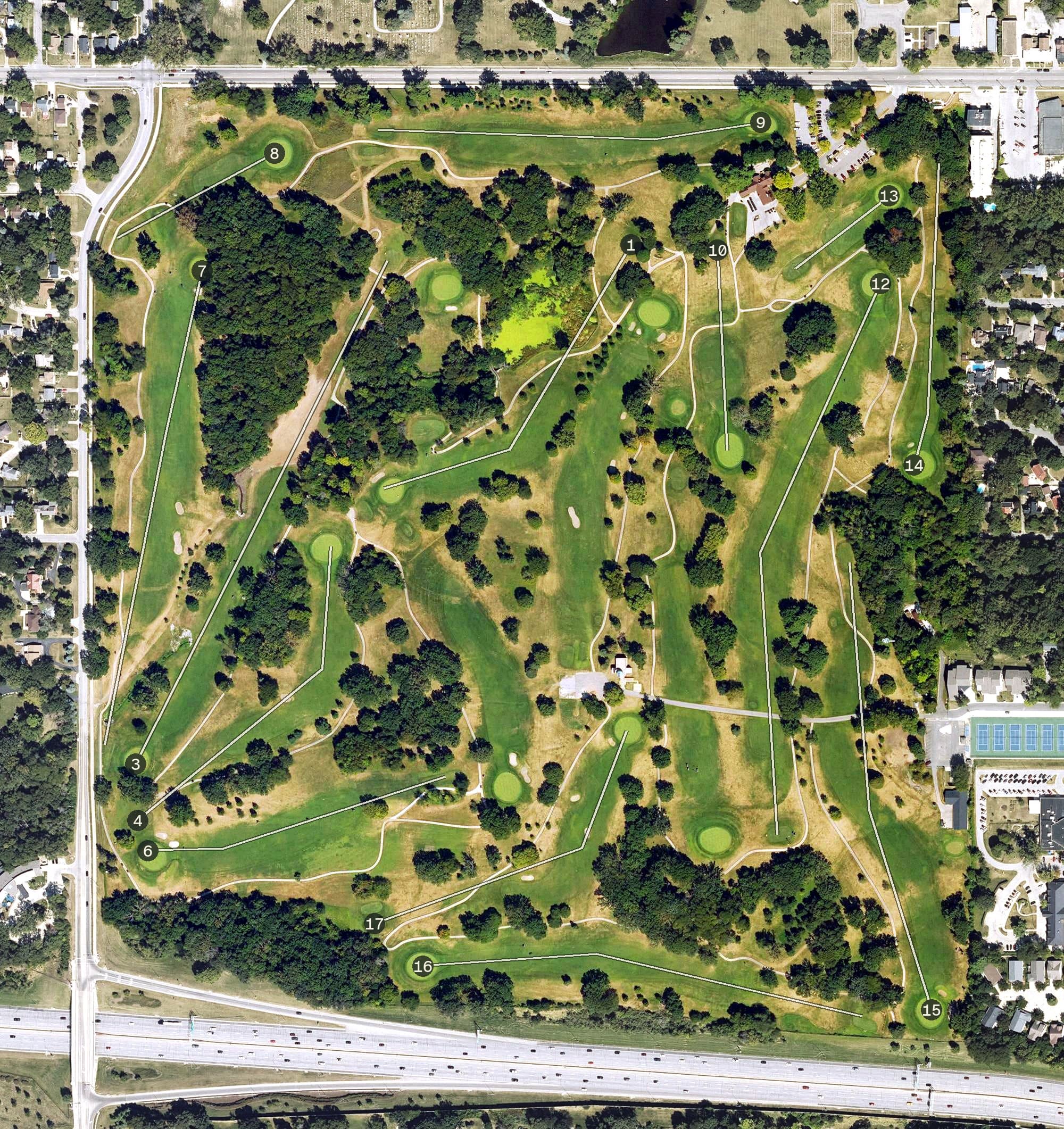 Aerial view of Waveland Golf Course, IA, with its hole routing marked