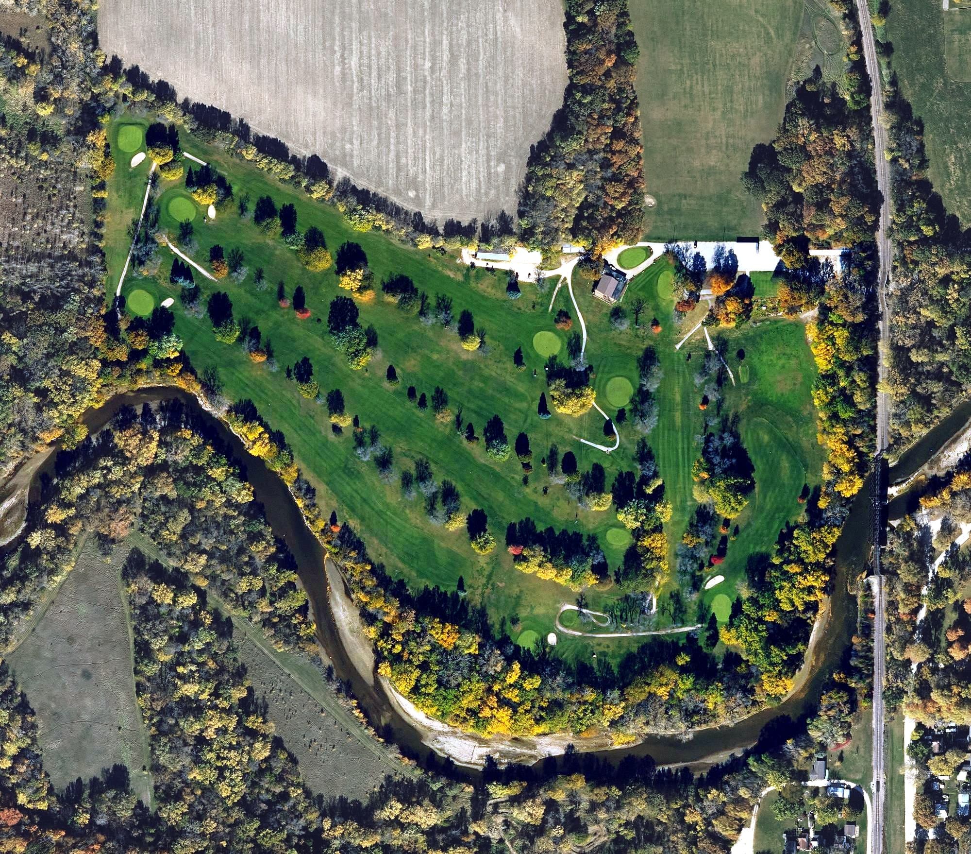 Aerial view of Webster City Country Club, IA, with its hole routing marked