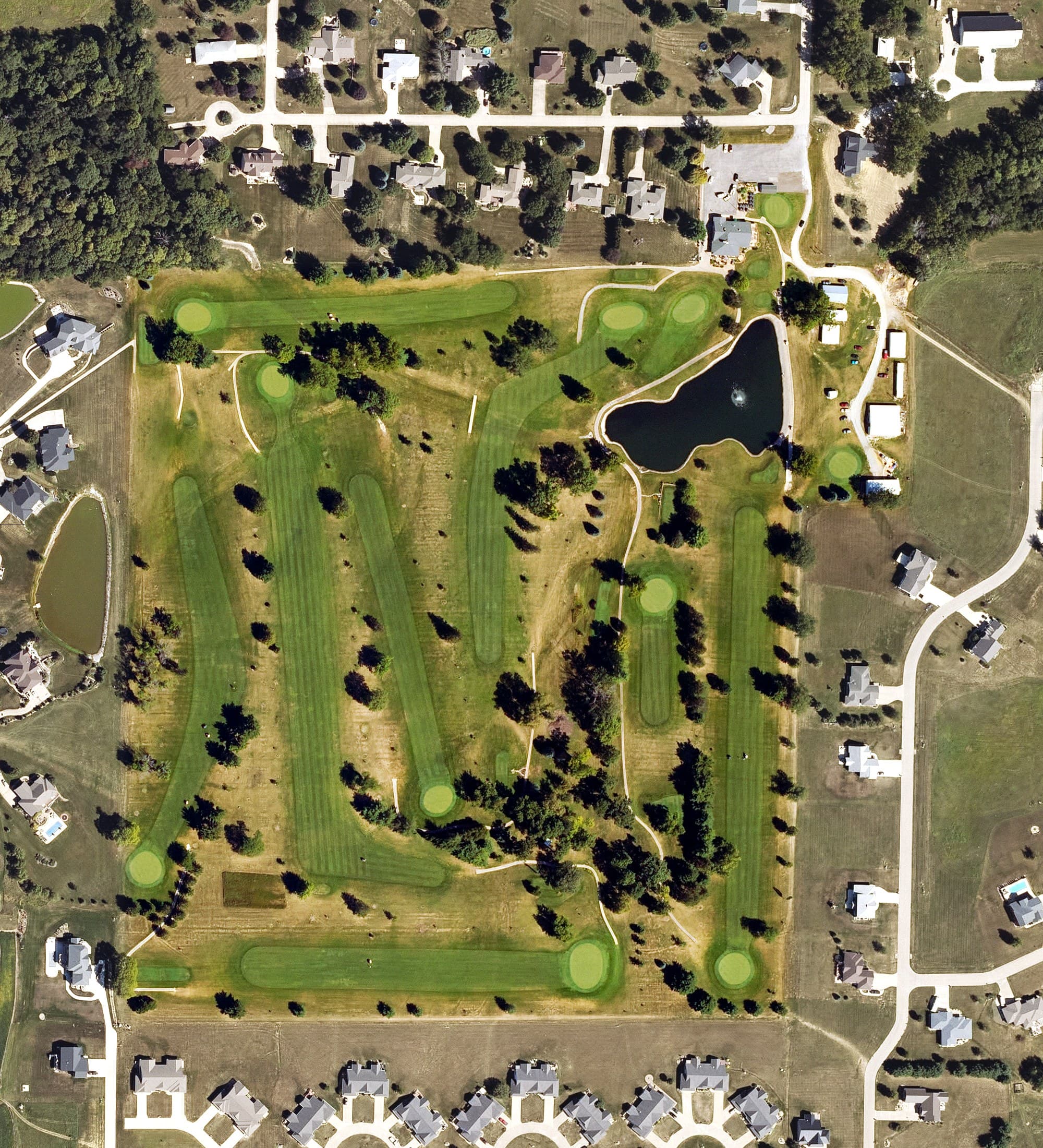 Aerial view of West Liberty Country Club, IA, with its hole routing marked