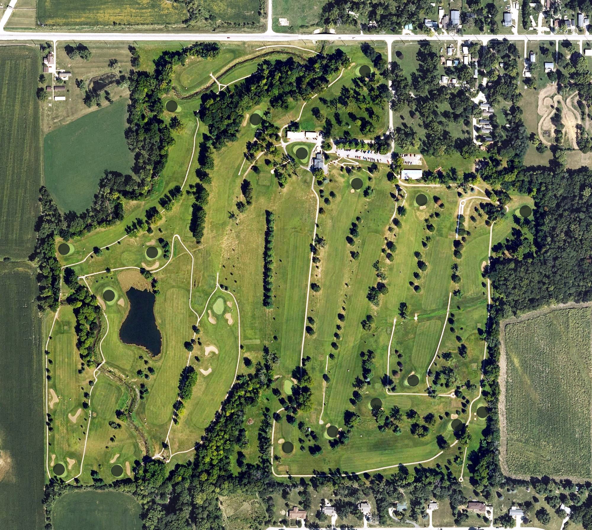 Aerial view of Westwood Golf Course, IA, with its hole routing marked