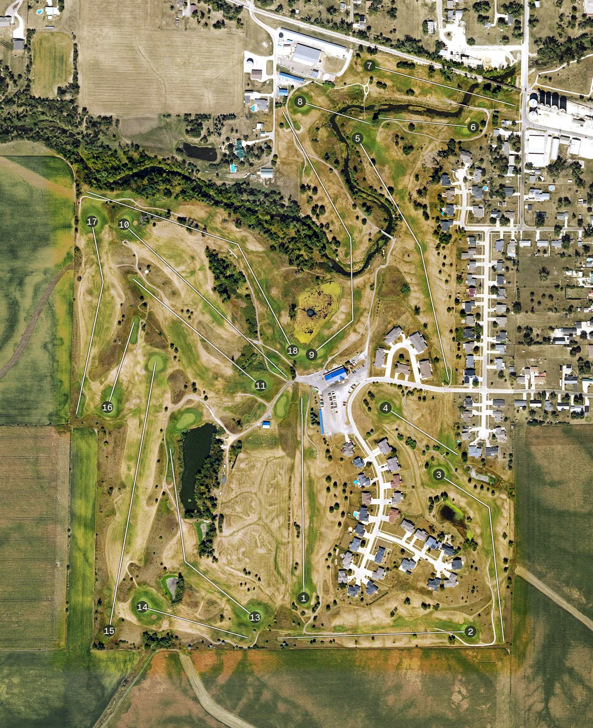 Aerial view of Wildcat Golf Course, IA, with its hole routing marked