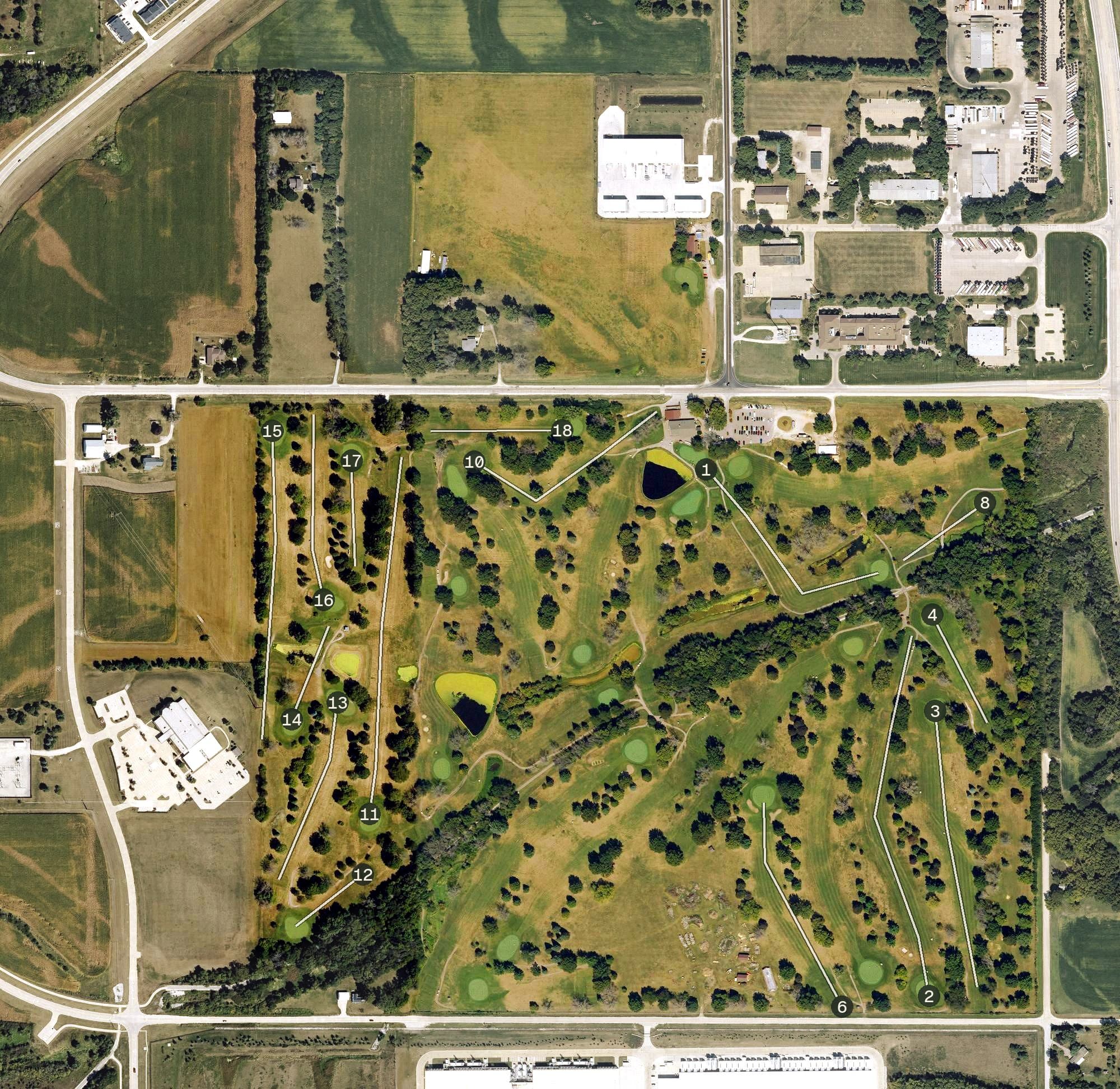 Aerial view of Willow Creek Golf Course, IA, with its hole routing marked