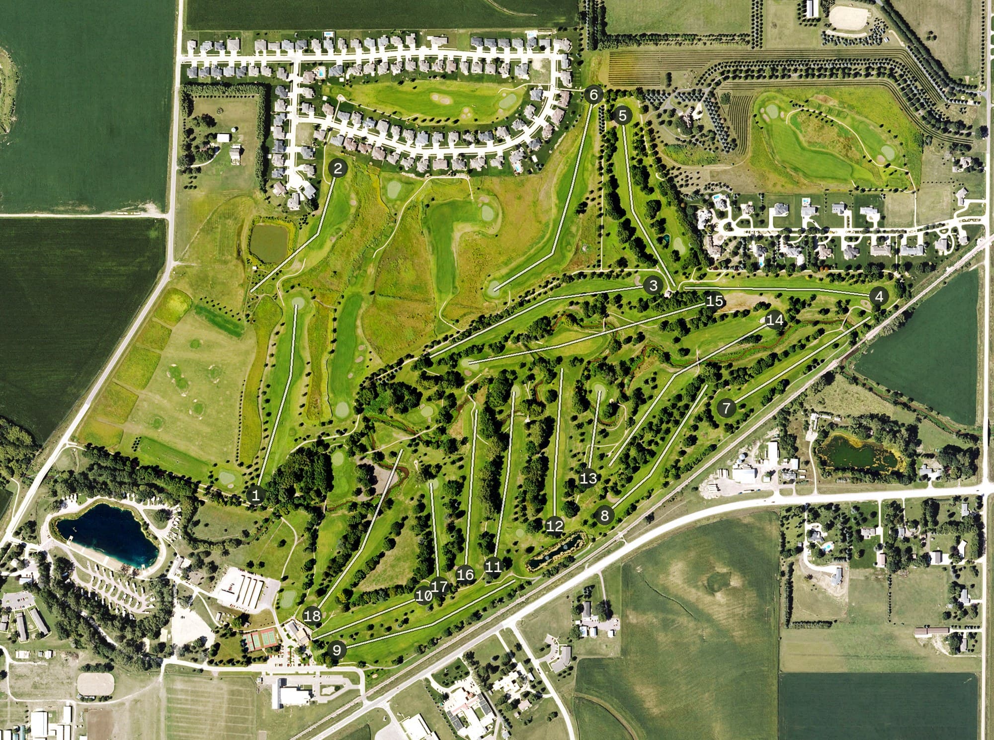 Aerial view of Willow Creek Golf Course, IA, with its hole routing marked