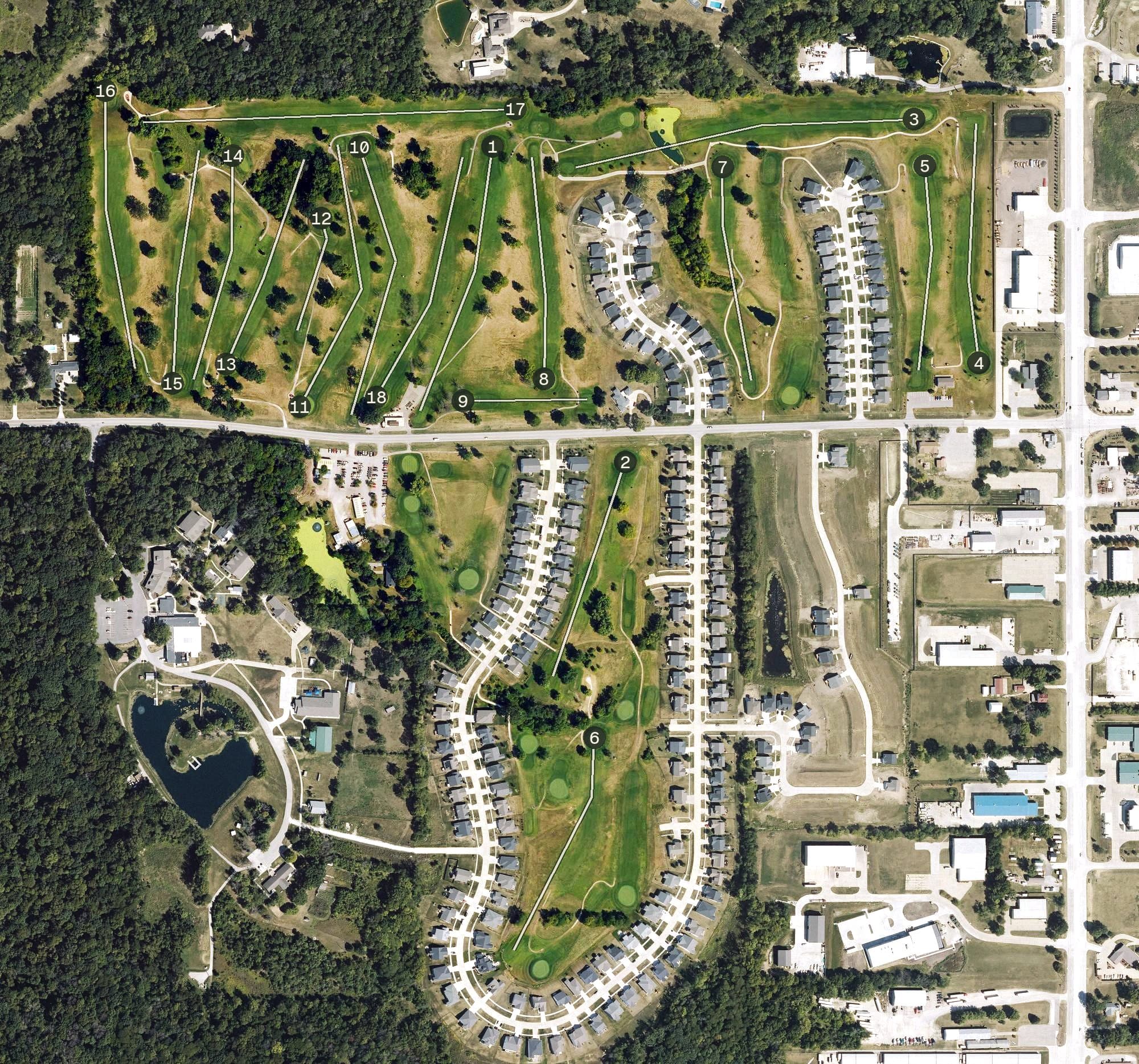 Aerial view of Woodland Hills Golf Course, IA, with its hole routing marked