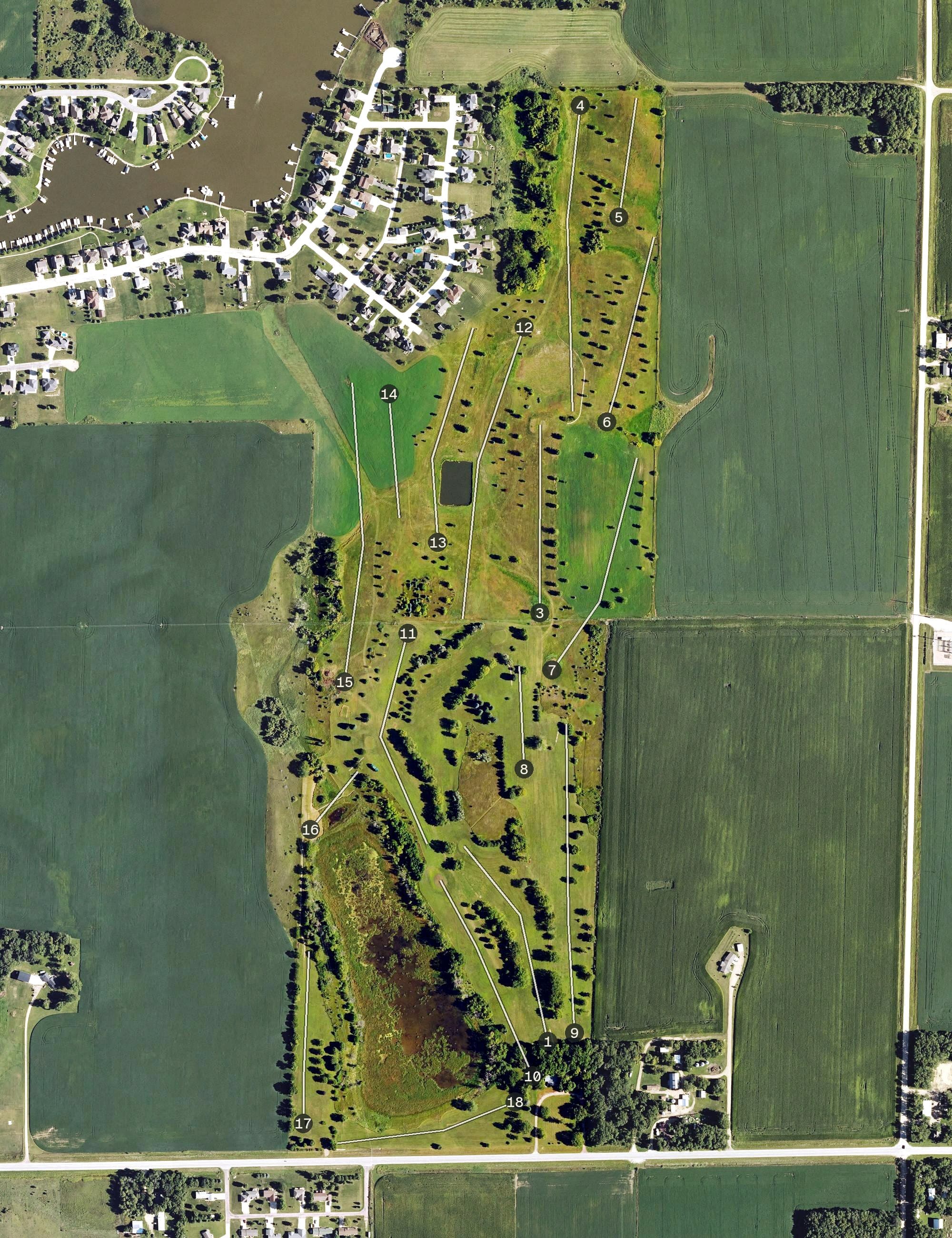 Aerial view of Woodlyn Hills Golf Course, IA, with its hole routing marked