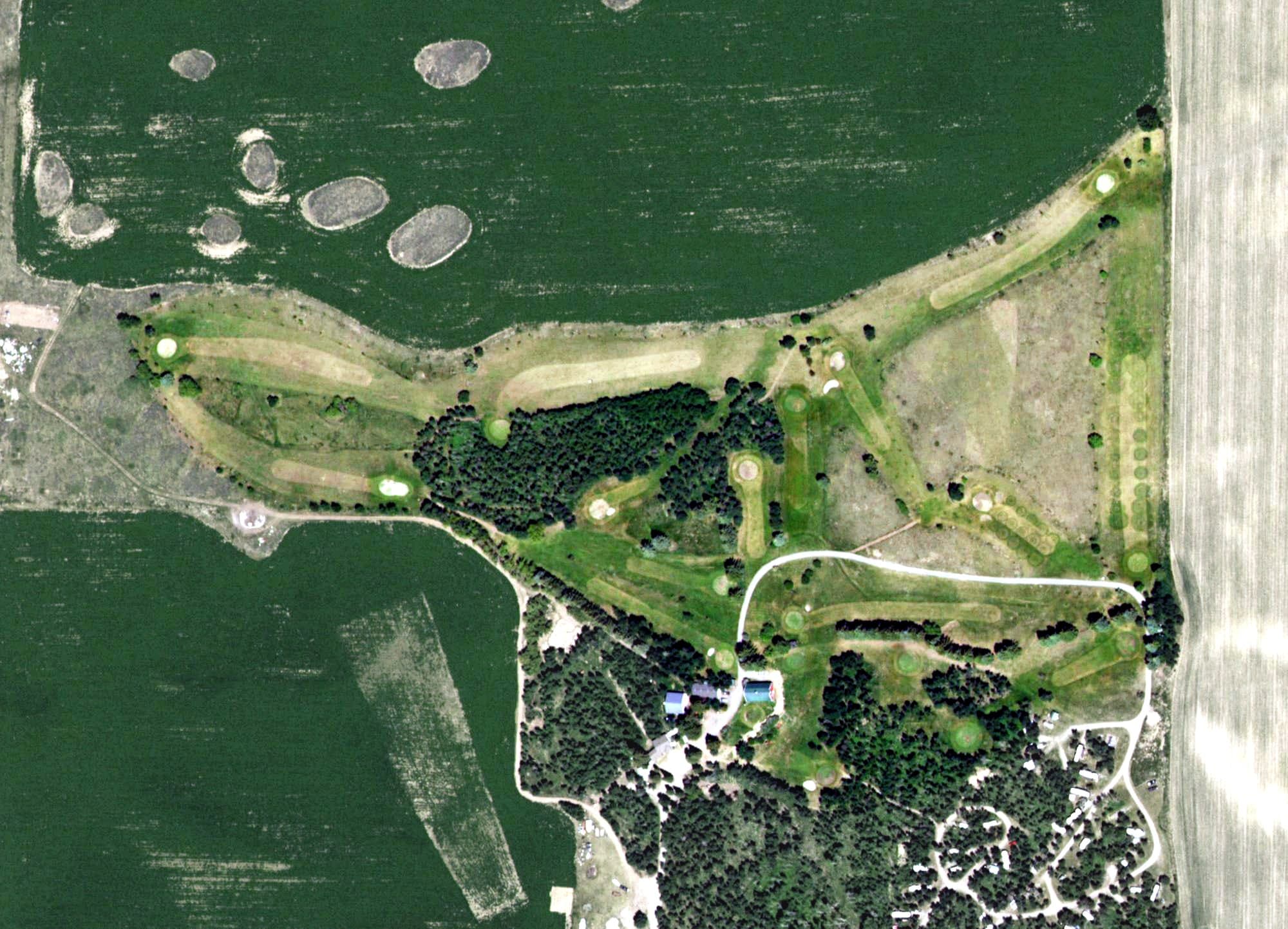 Aerial view of Aspen Acres Golf Course, ID, with its hole routing marked
