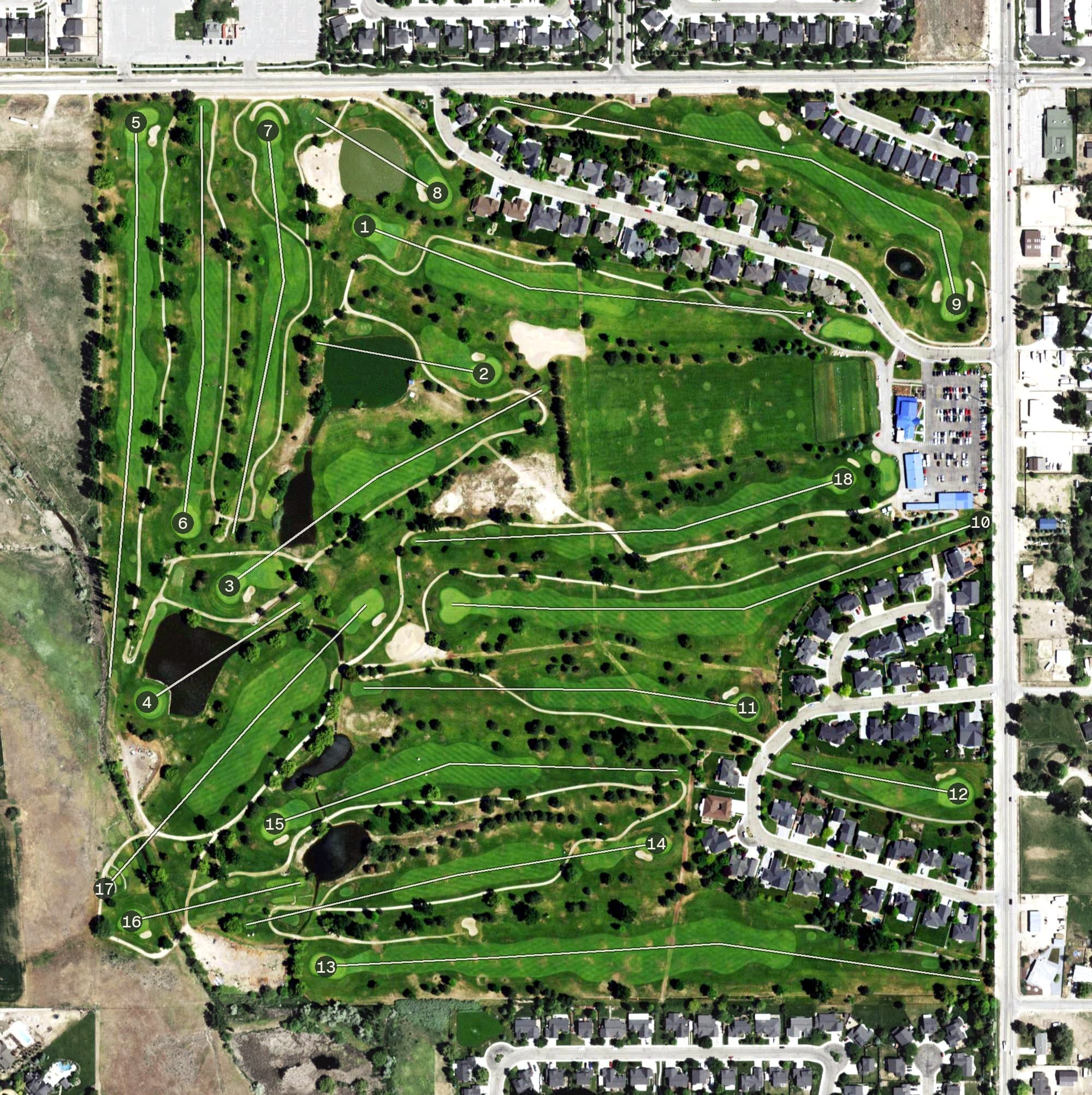 Aerial view of Boise Ranch Golf Course, ID, with its hole routing marked