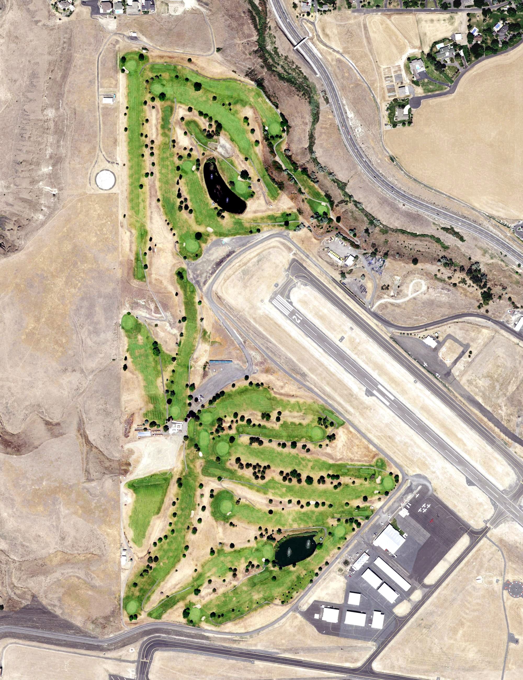 Aerial view of Bryden Canyon Golf Course, ID, with its hole routing marked