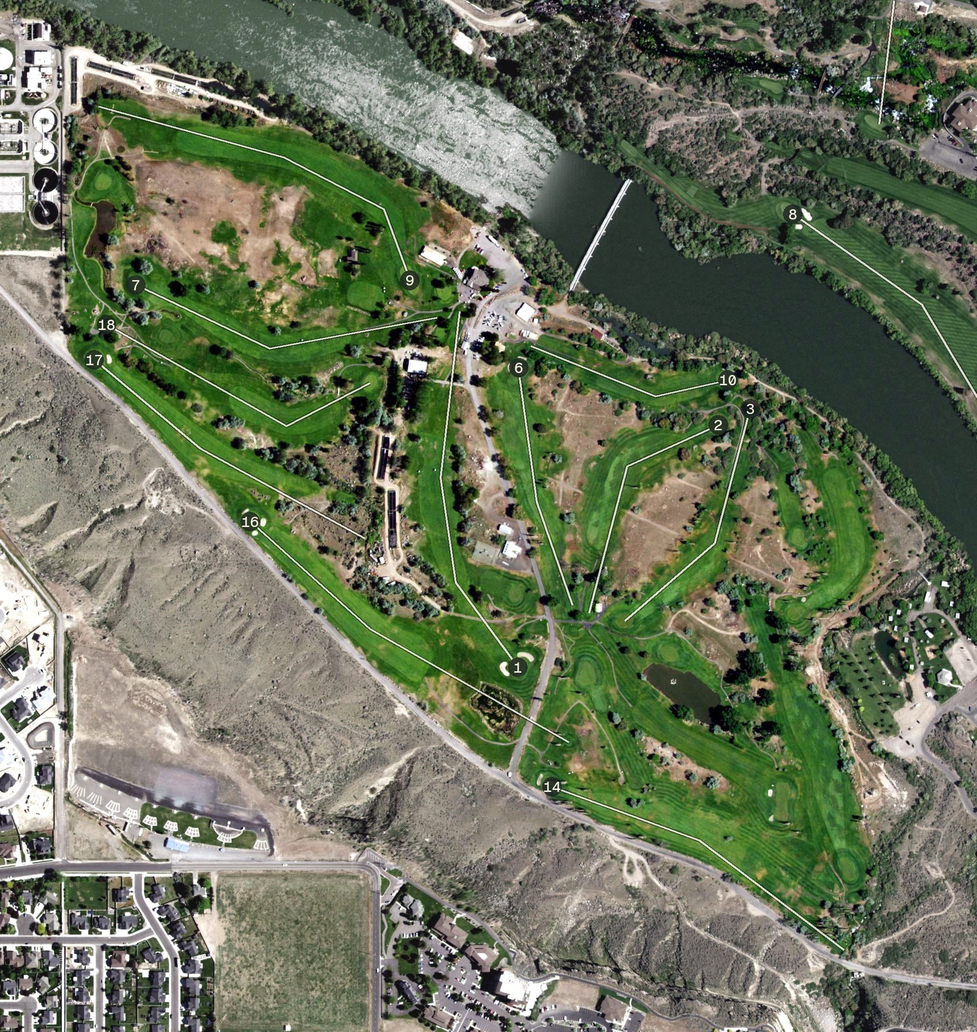 Aerial view of Canyon Springs Golf Course, ID, with its hole routing marked