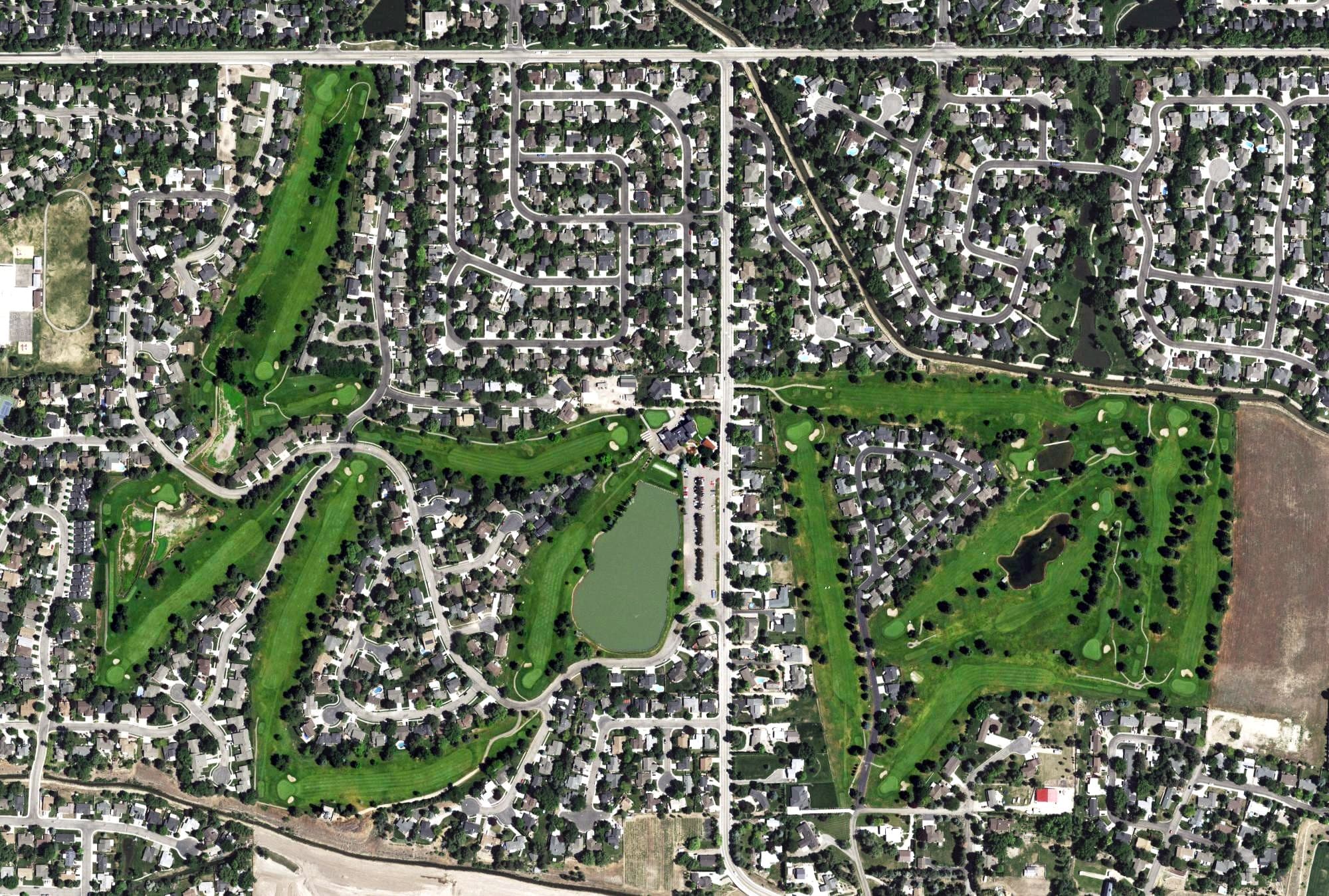 Aerial view of Eagle Hills Golf Course, ID, with its hole routing marked