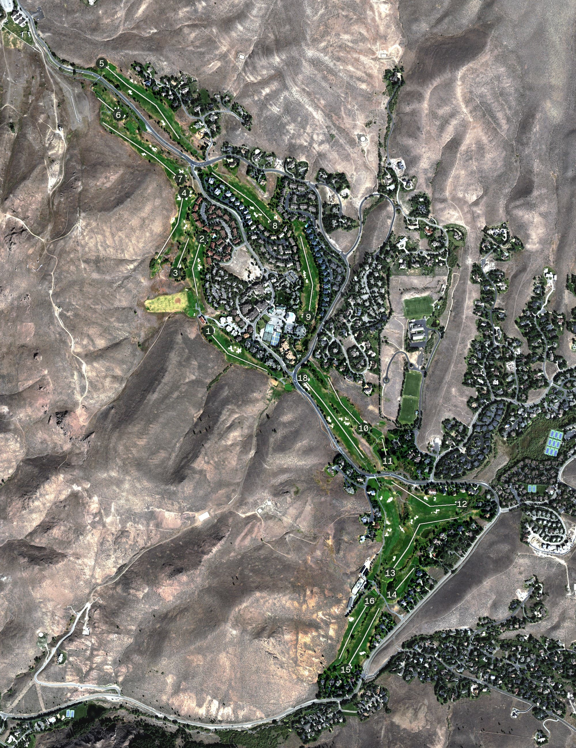 Aerial view of Elkhorn Golf Course, ID, with its hole routing marked
