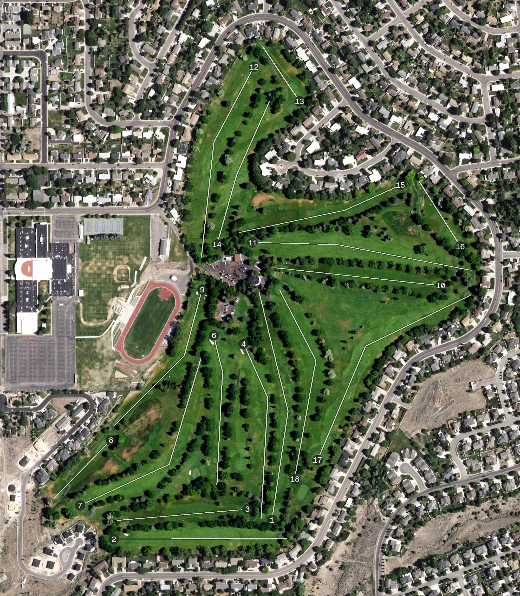 Aerial view of Highland Golf Course, ID, with its hole routing marked