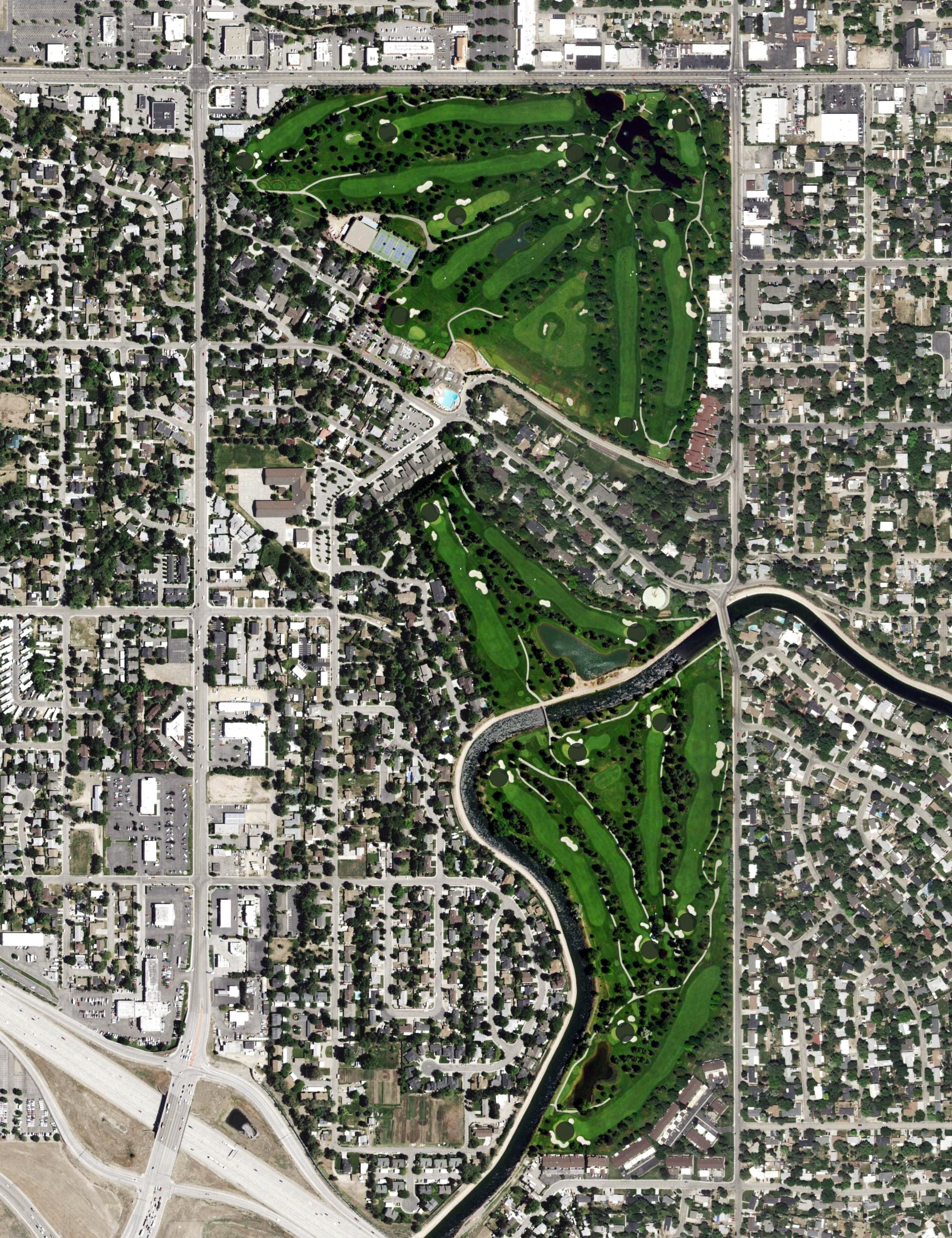 Aerial view of Hillcrest Country Club, ID, with its hole routing marked