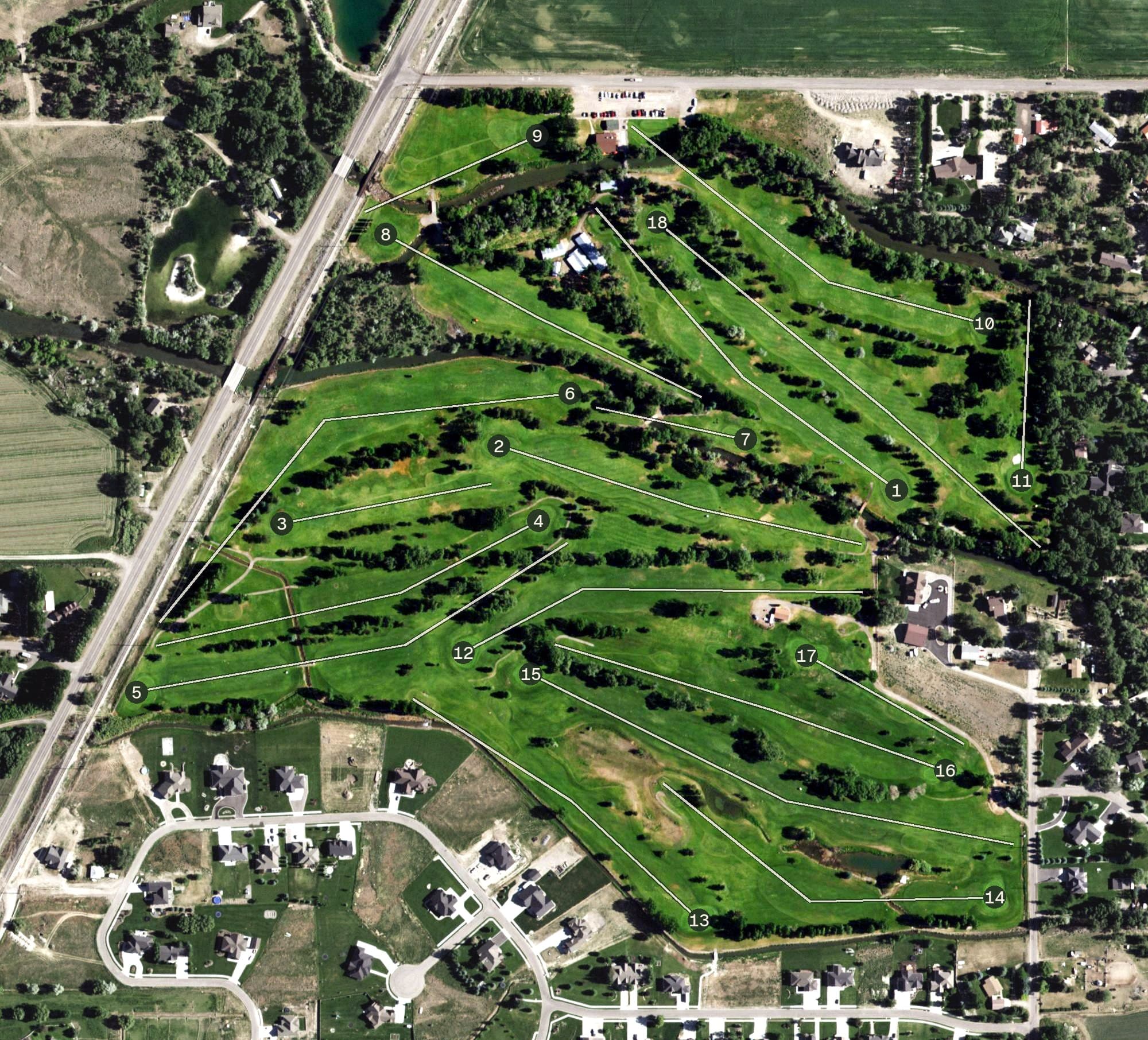 Aerial view of Jefferson Hills Golf Course, ID, with its hole routing marked