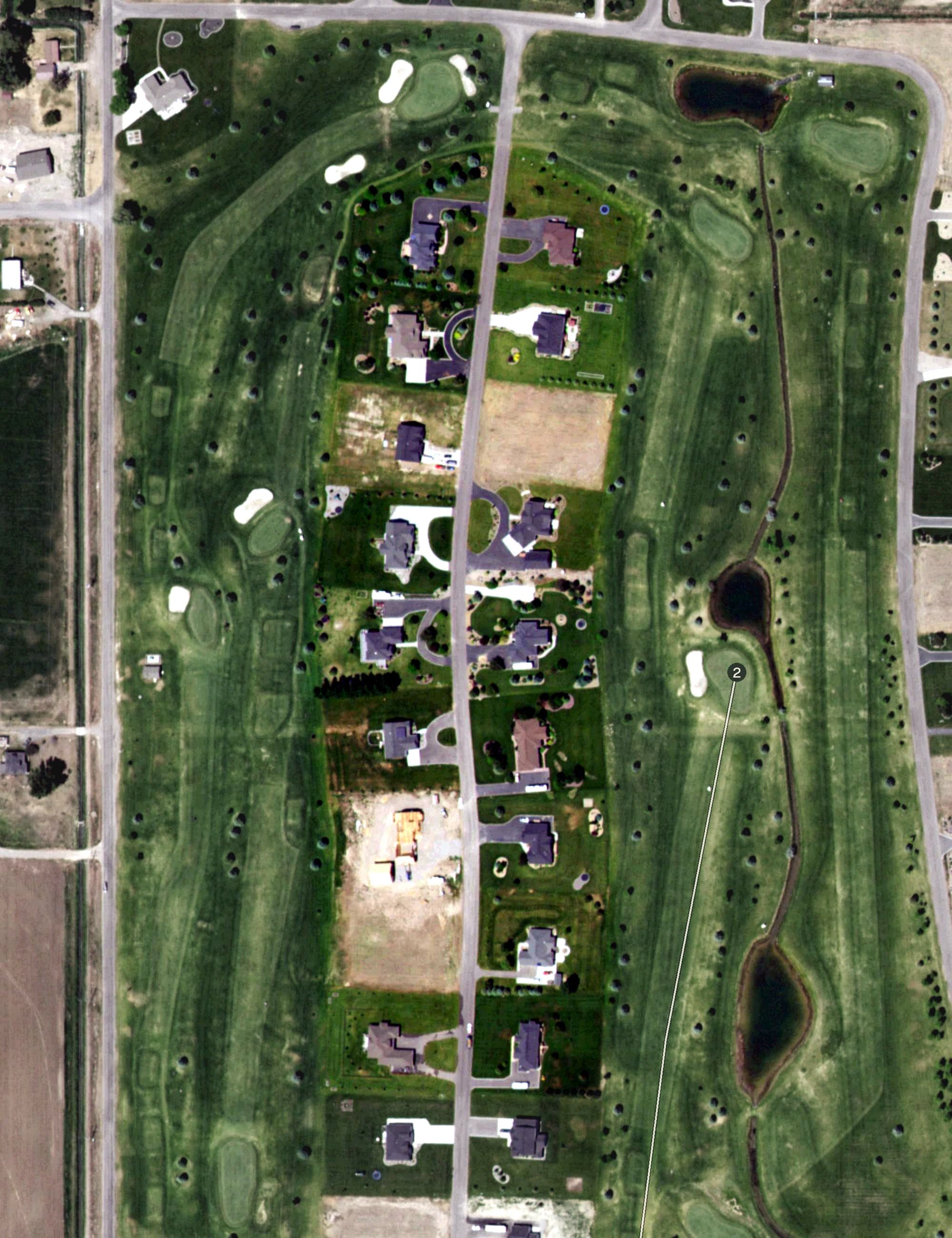 Aerial view of Journey's End Golf Course, ID, with its hole routing marked