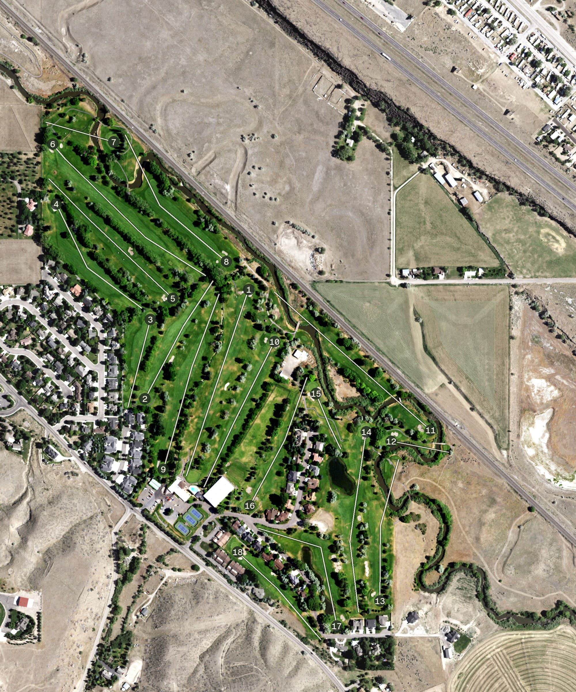 Aerial view of Juniper Hills Country Club, ID, with its hole routing marked