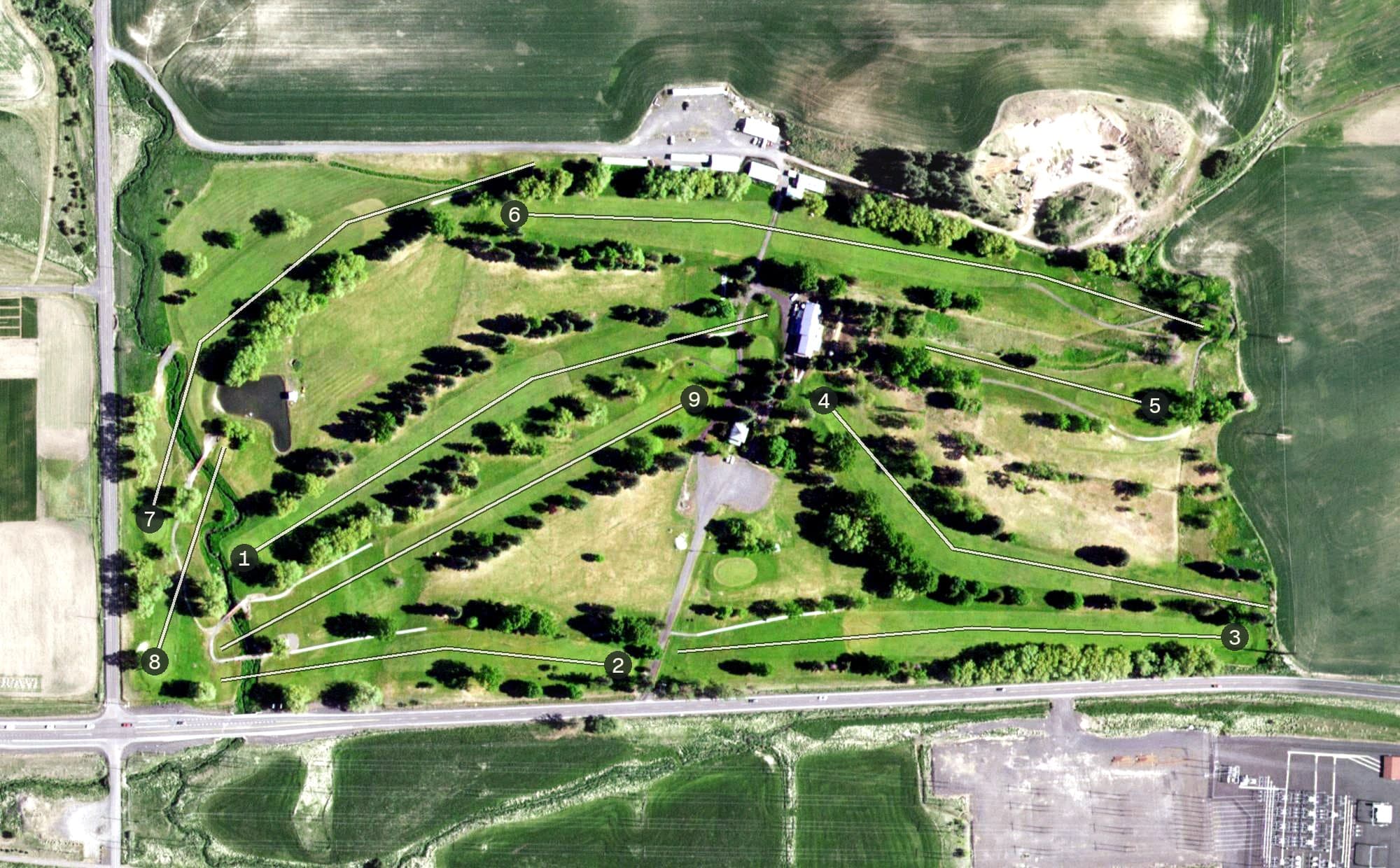 Aerial view of Moscow Elks Lodge Golf Club, ID, with its hole routing marked