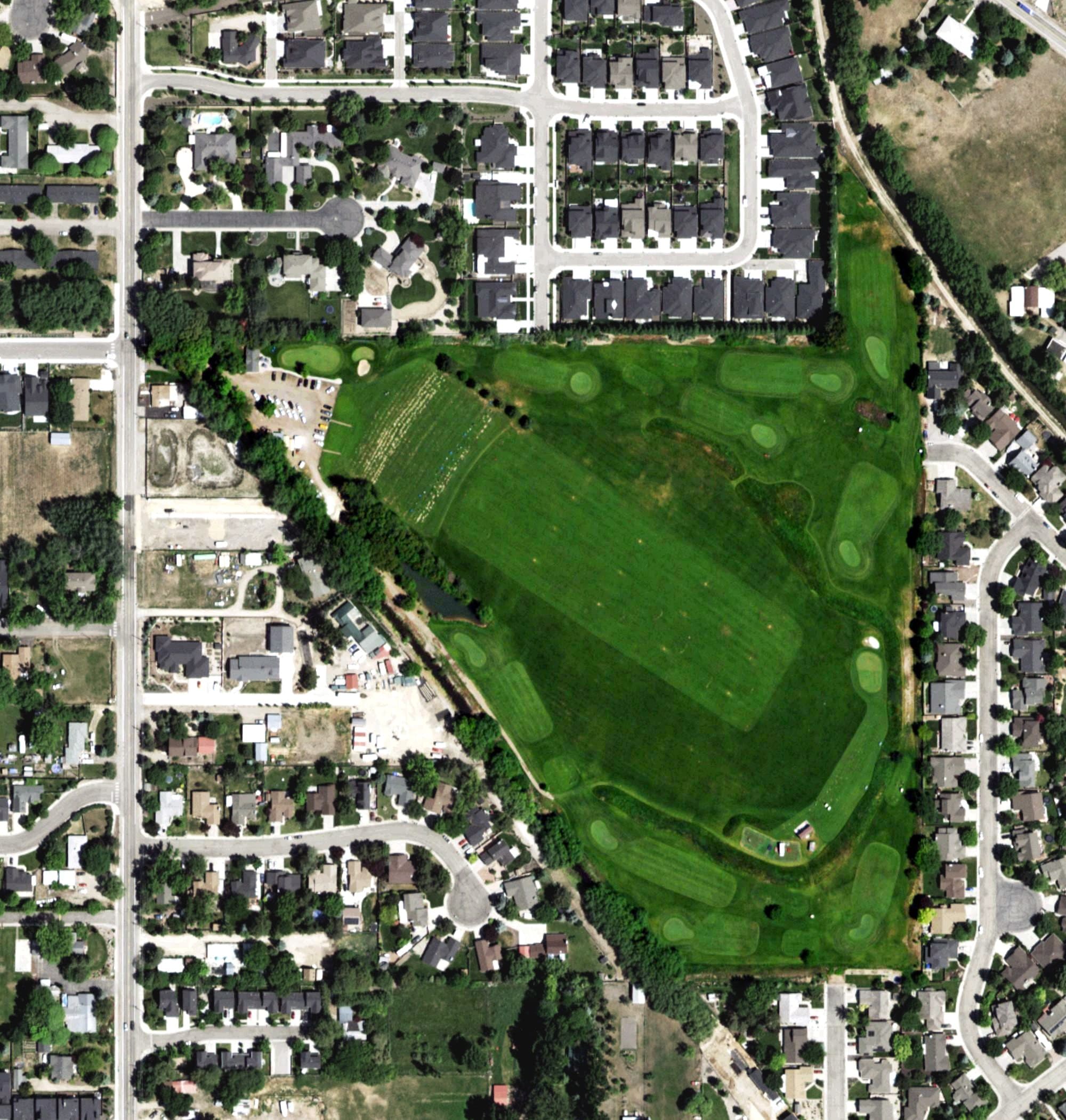 Aerial view of Pierce Park Greens, ID, with its hole routing marked