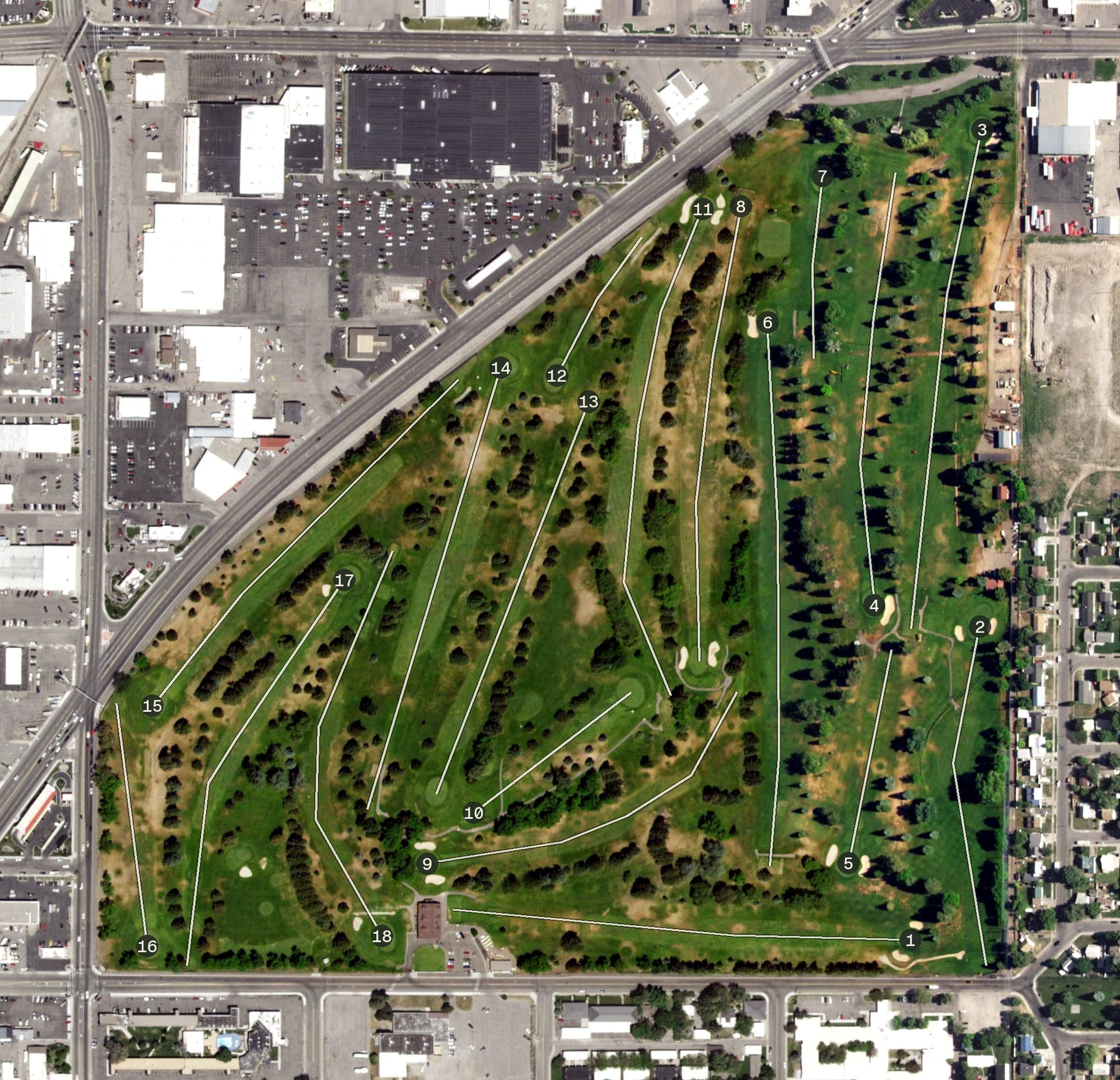 Aerial view of Pinecrest Municipal Golf Course, ID, with its hole routing marked