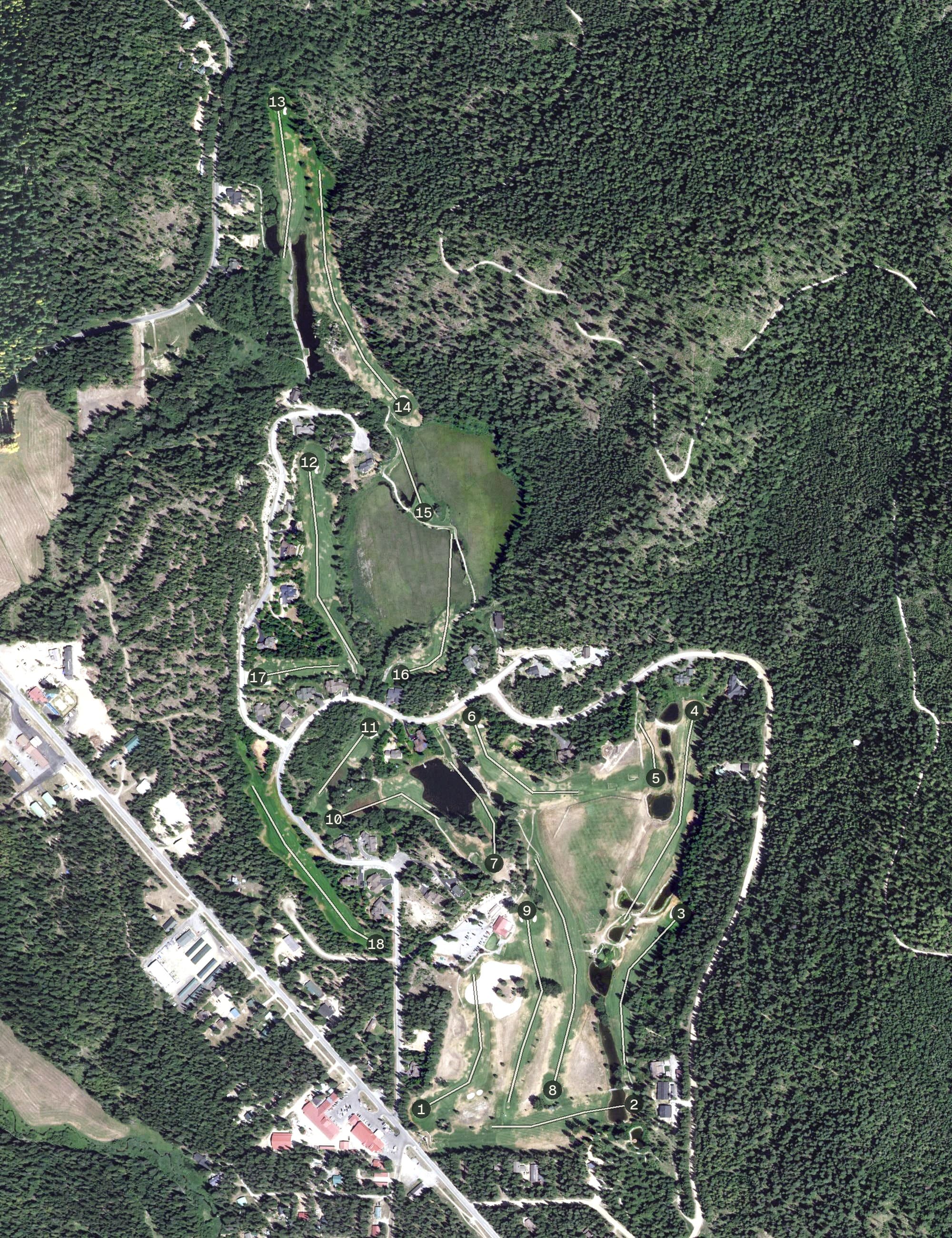 Aerial view of Priest Lake Golf Course, ID, with its hole routing marked