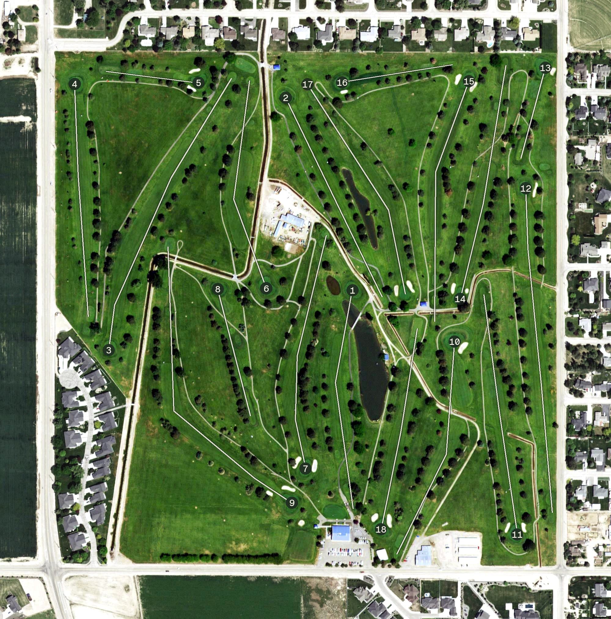 Aerial view of Purple Sage Golf Course, ID, with its hole routing marked