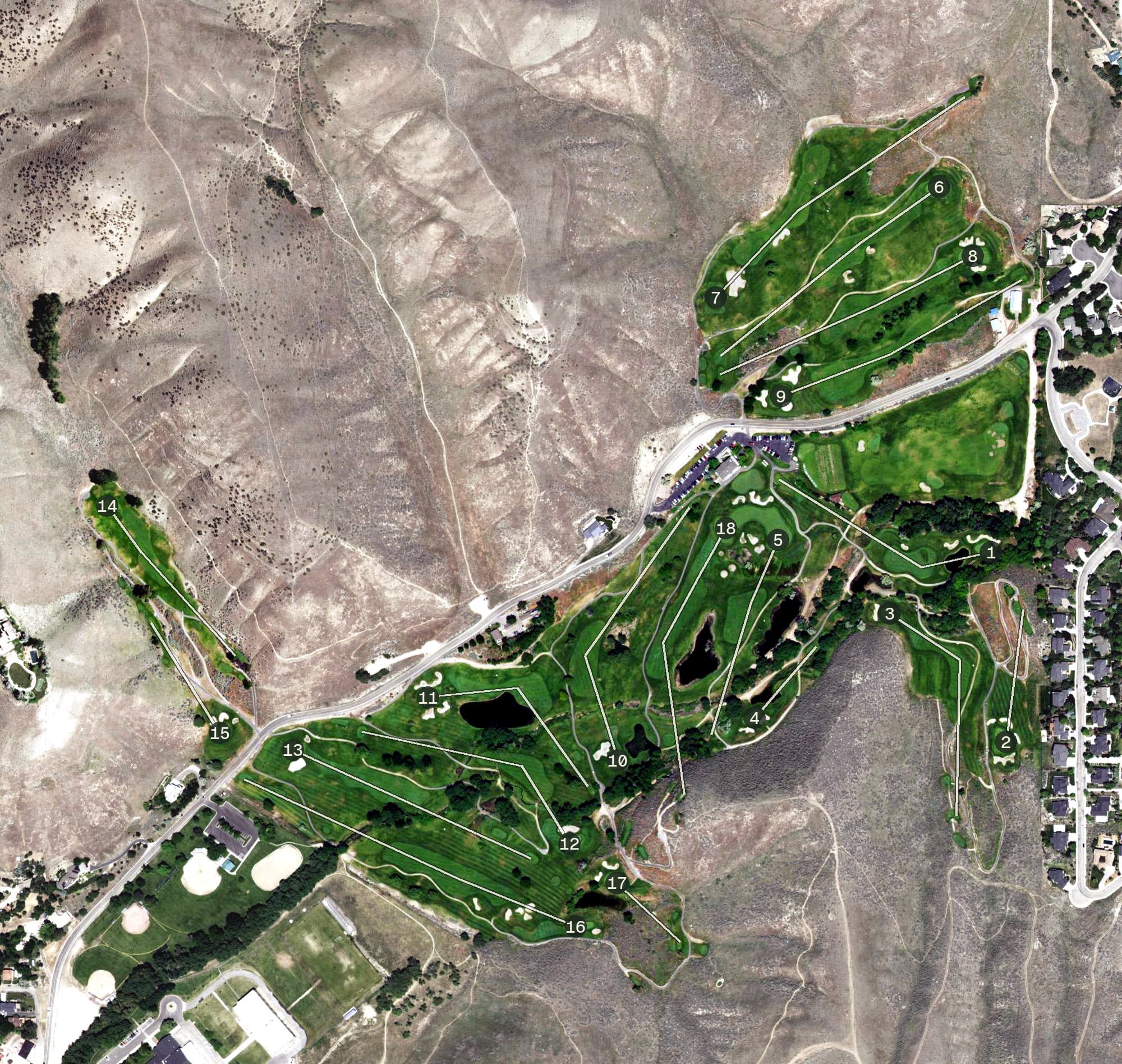 Aerial view of Quail Hollow Golf Course, ID, with its hole routing marked