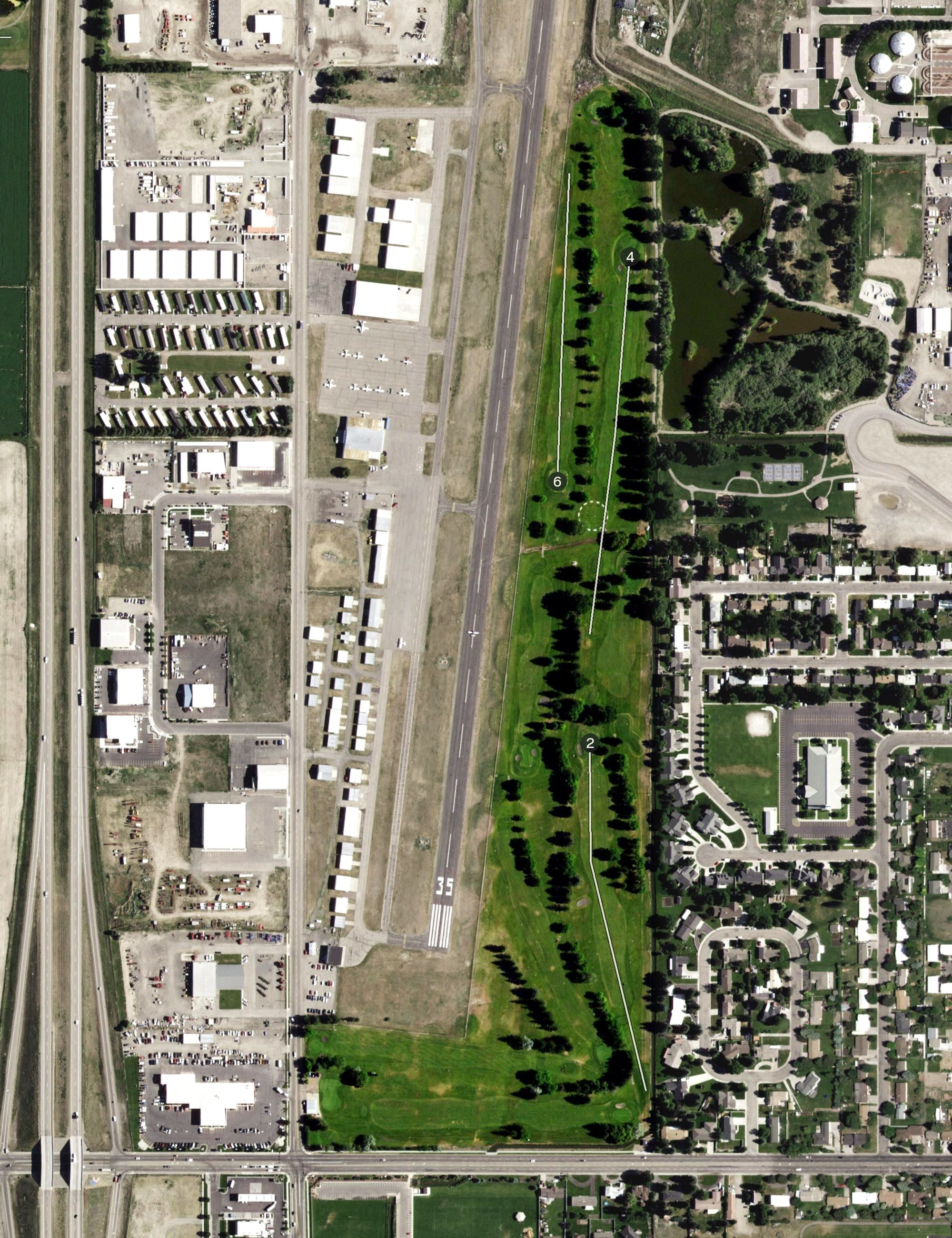 Aerial view of Rexburg Golf Club, ID, with its hole routing marked