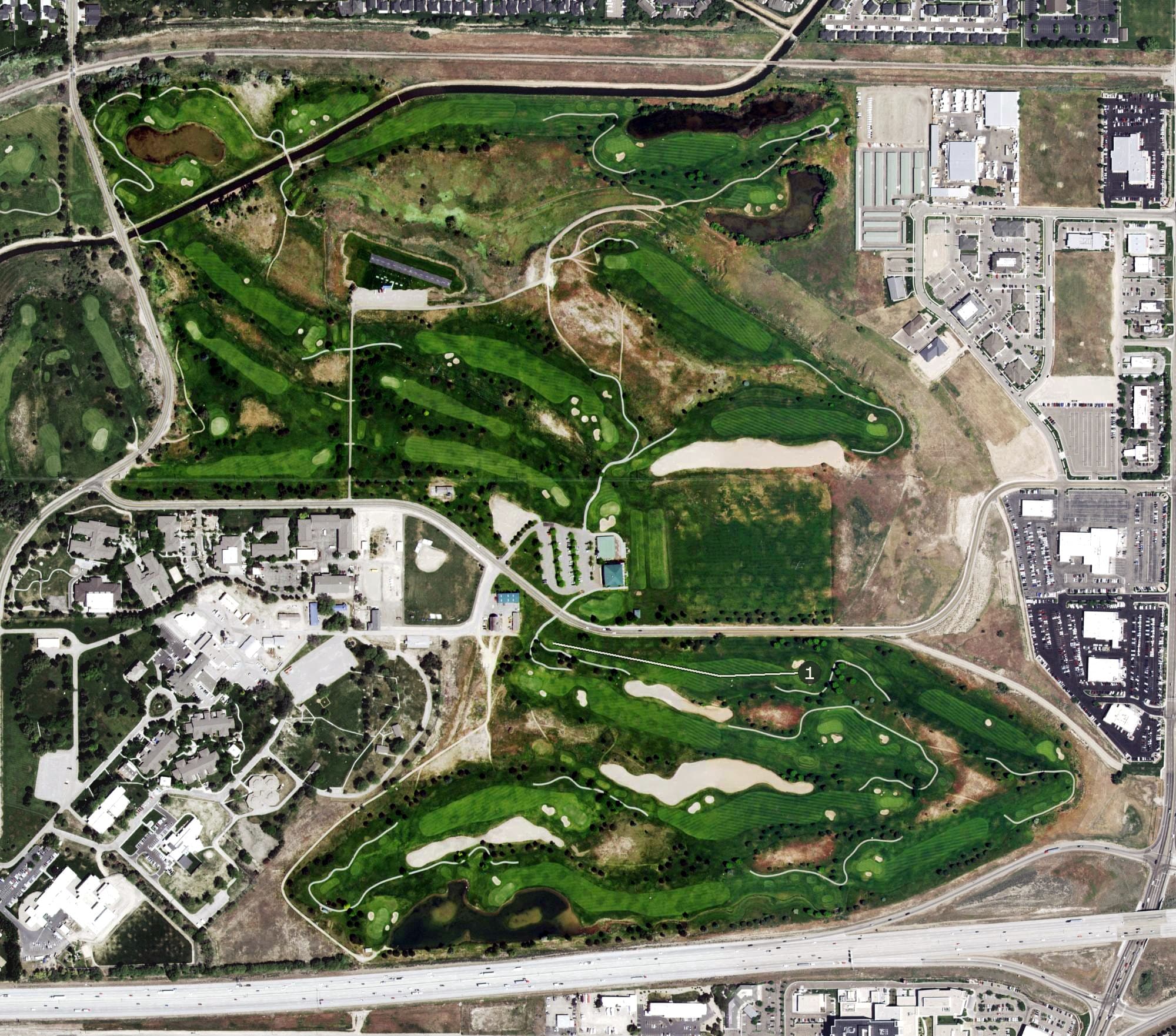 Aerial view of Ridgecrest Golf Club, ID, with its hole routing marked