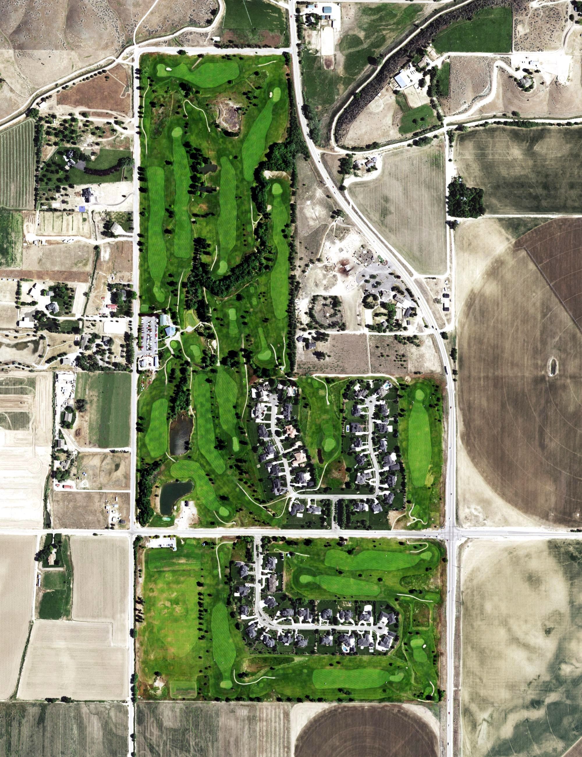 Aerial view of River Birch Golf Course, ID, with its hole routing marked