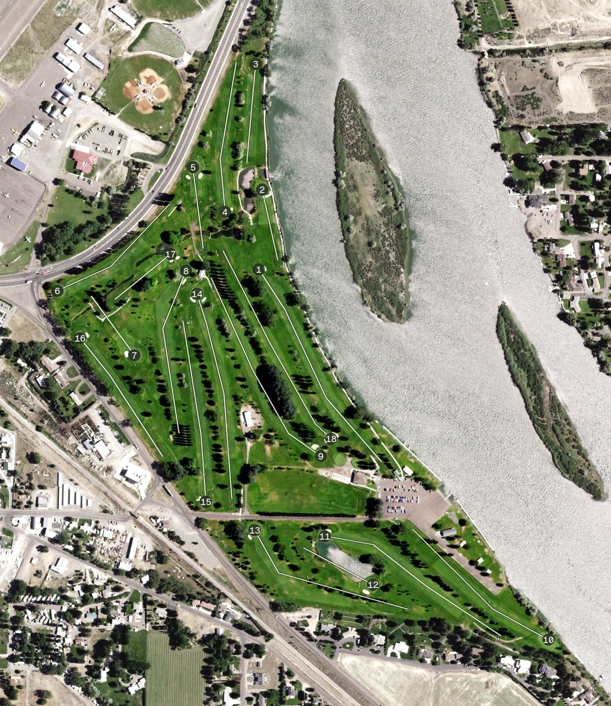 Aerial view of River's Edge Golf Club At Burley, ID, with its hole routing marked