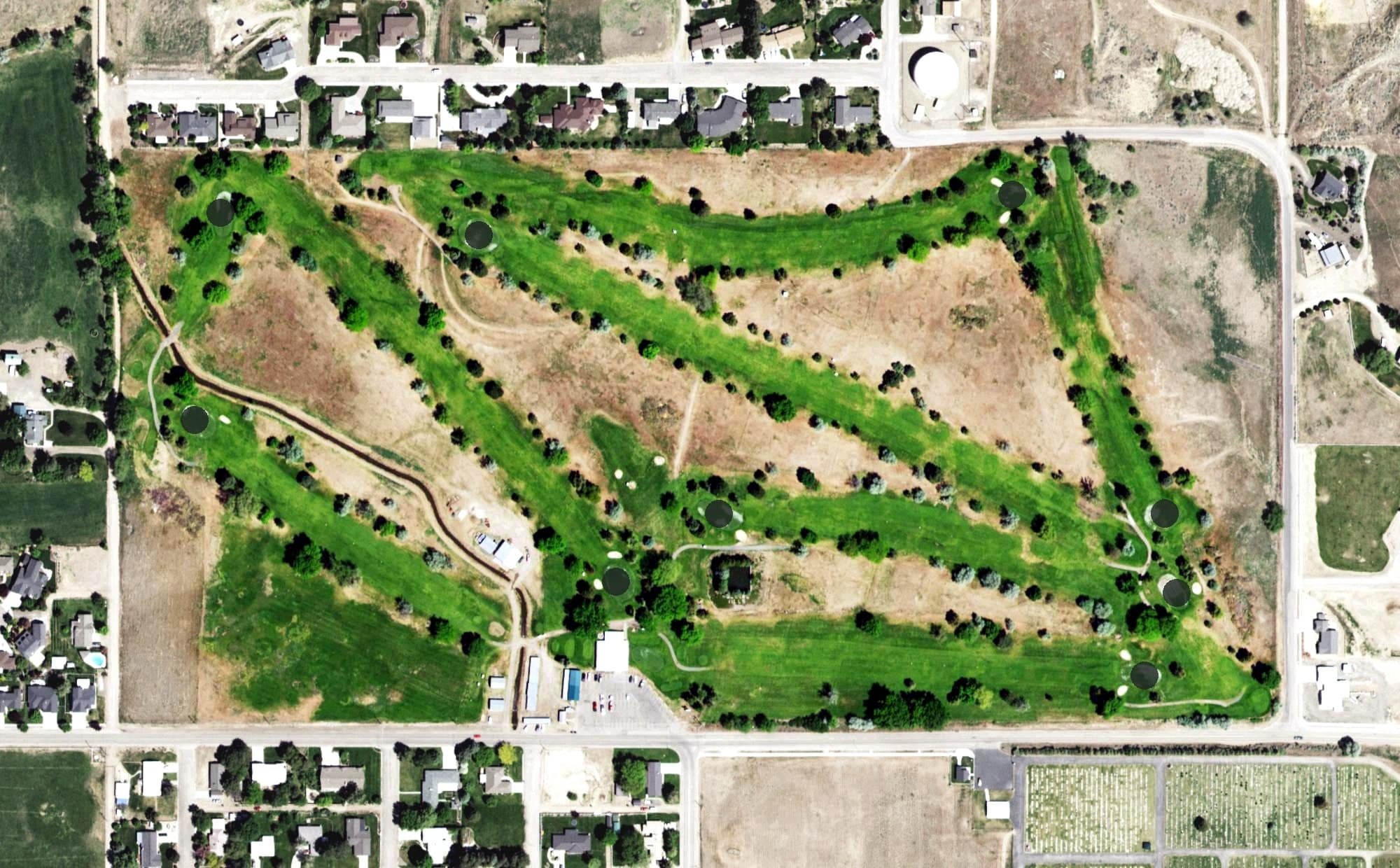 Aerial view of Rolling Hills Golf Course, ID, with its hole routing marked
