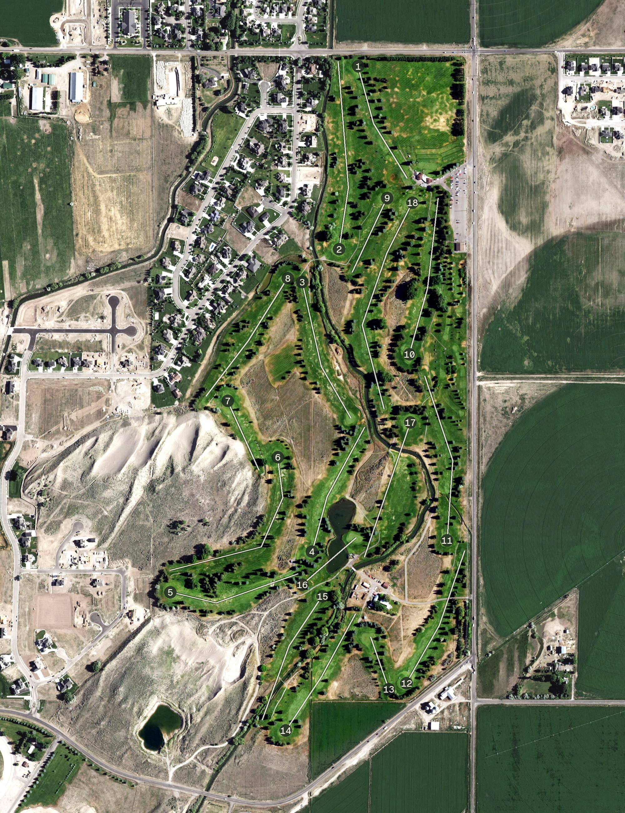 Aerial view of Sand Creek Golf Course, ID, with its hole routing marked