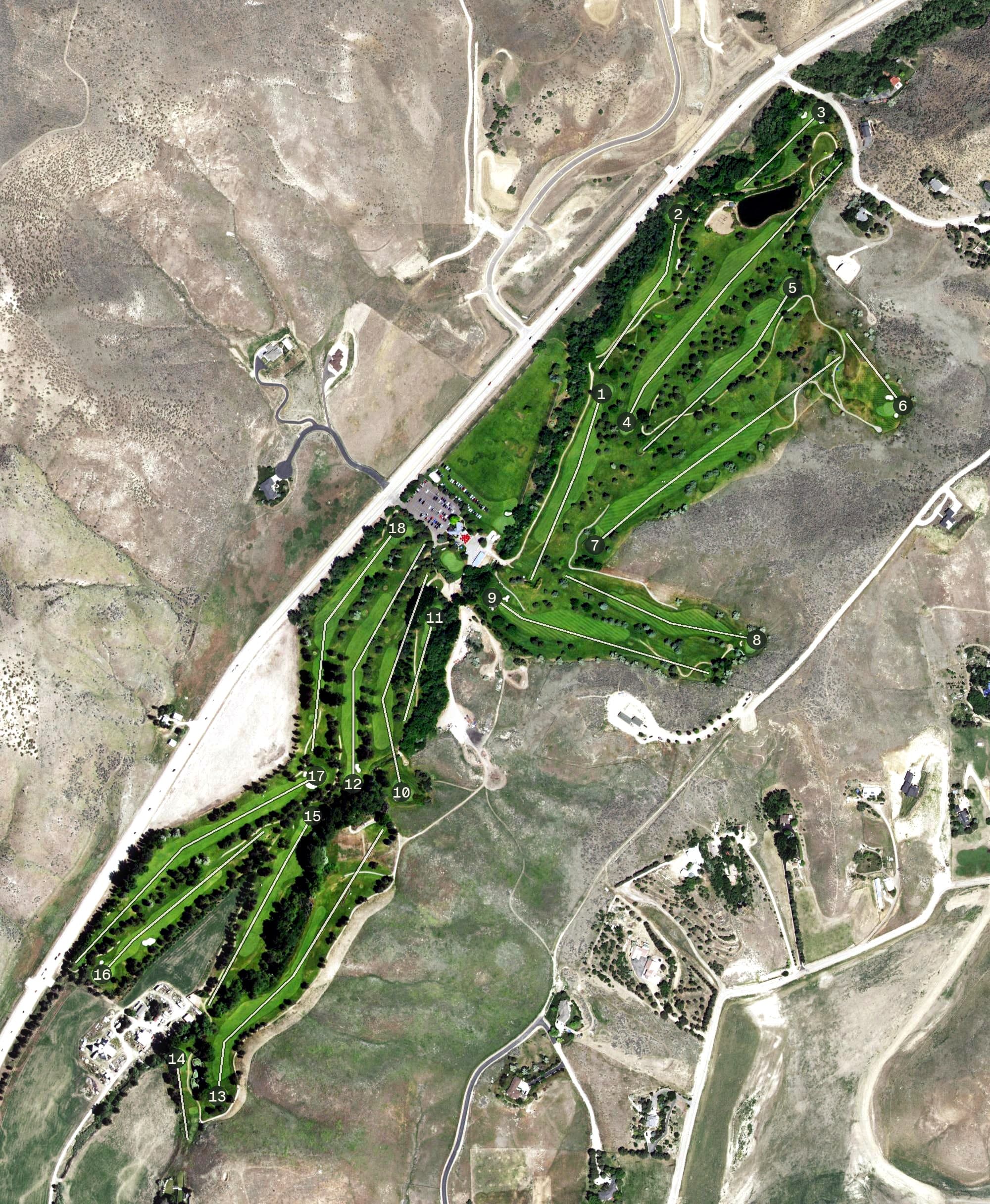 Aerial view of Shadow Valley Golf Course, ID, with its hole routing marked