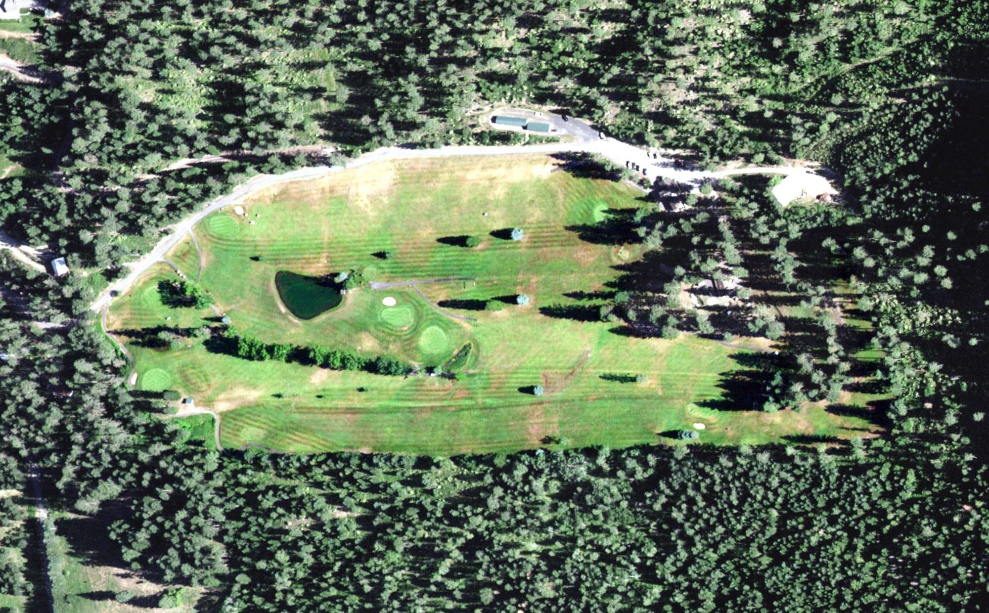 Aerial view of St. Maries Public Golf Course, ID, with its hole routing marked