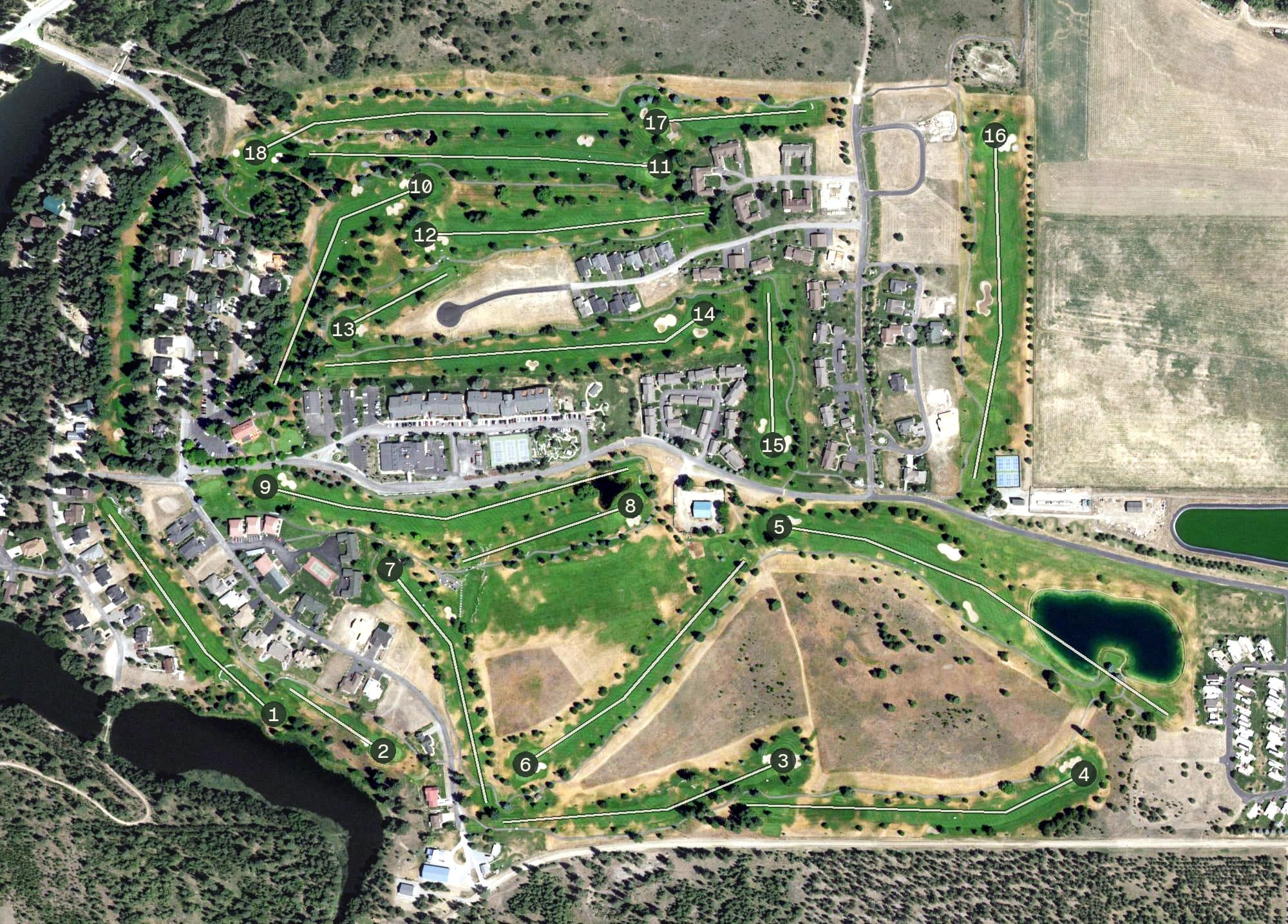 Aerial view of Stoneridge Golf Club, ID, with its hole routing marked