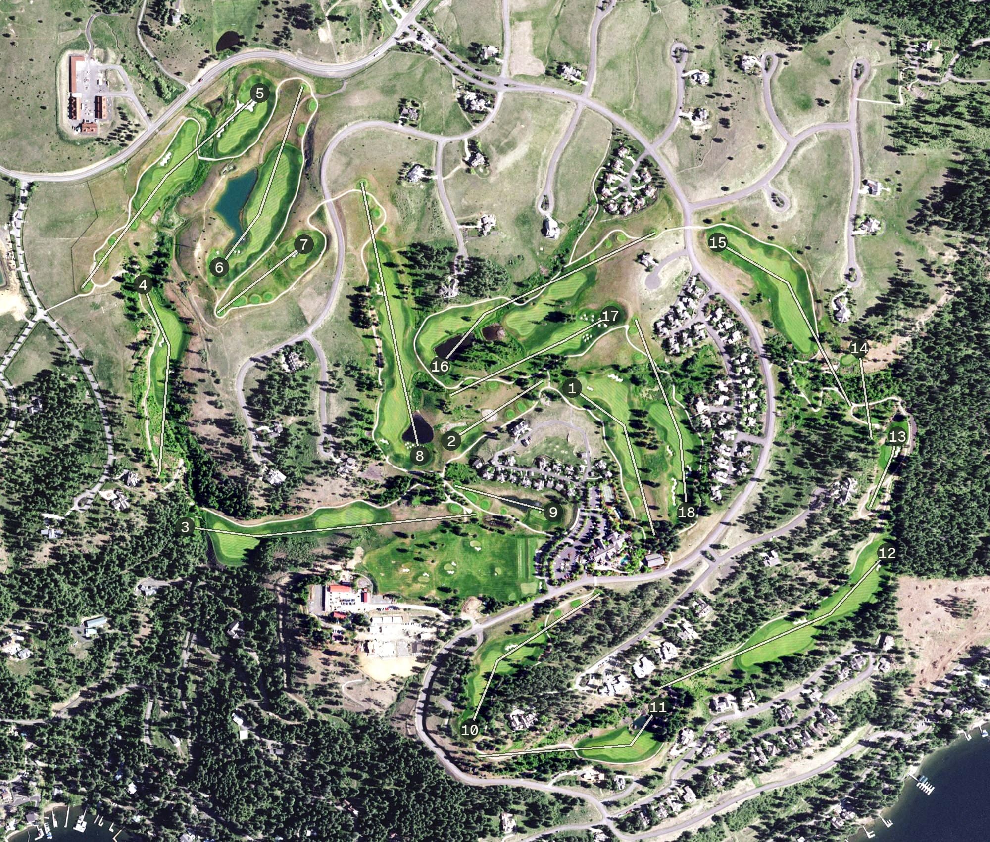 Aerial view of The Golf Club at Black Rock, ID, with its hole routing marked