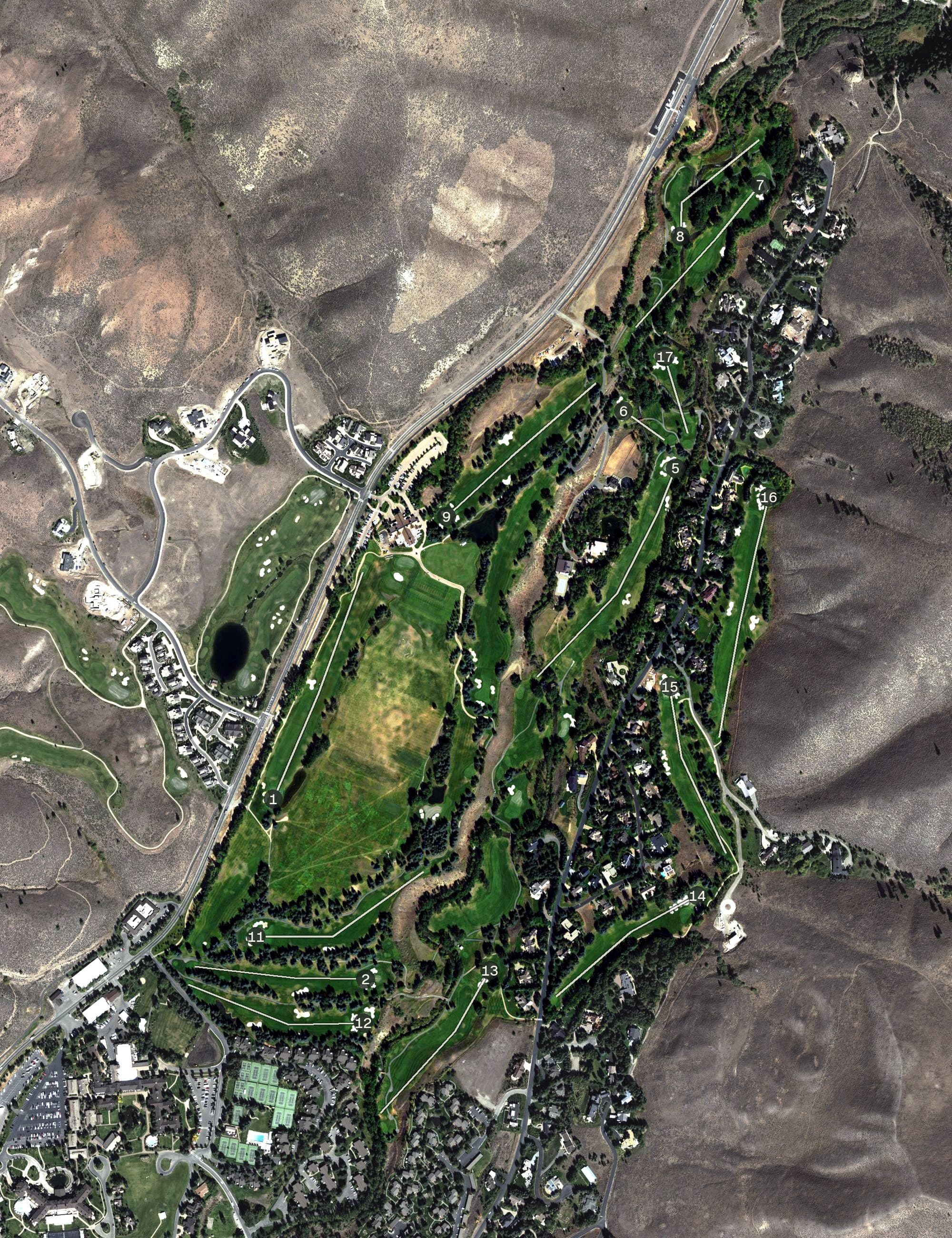 Aerial view of Trail Creek Golf Course, ID, with its hole routing marked