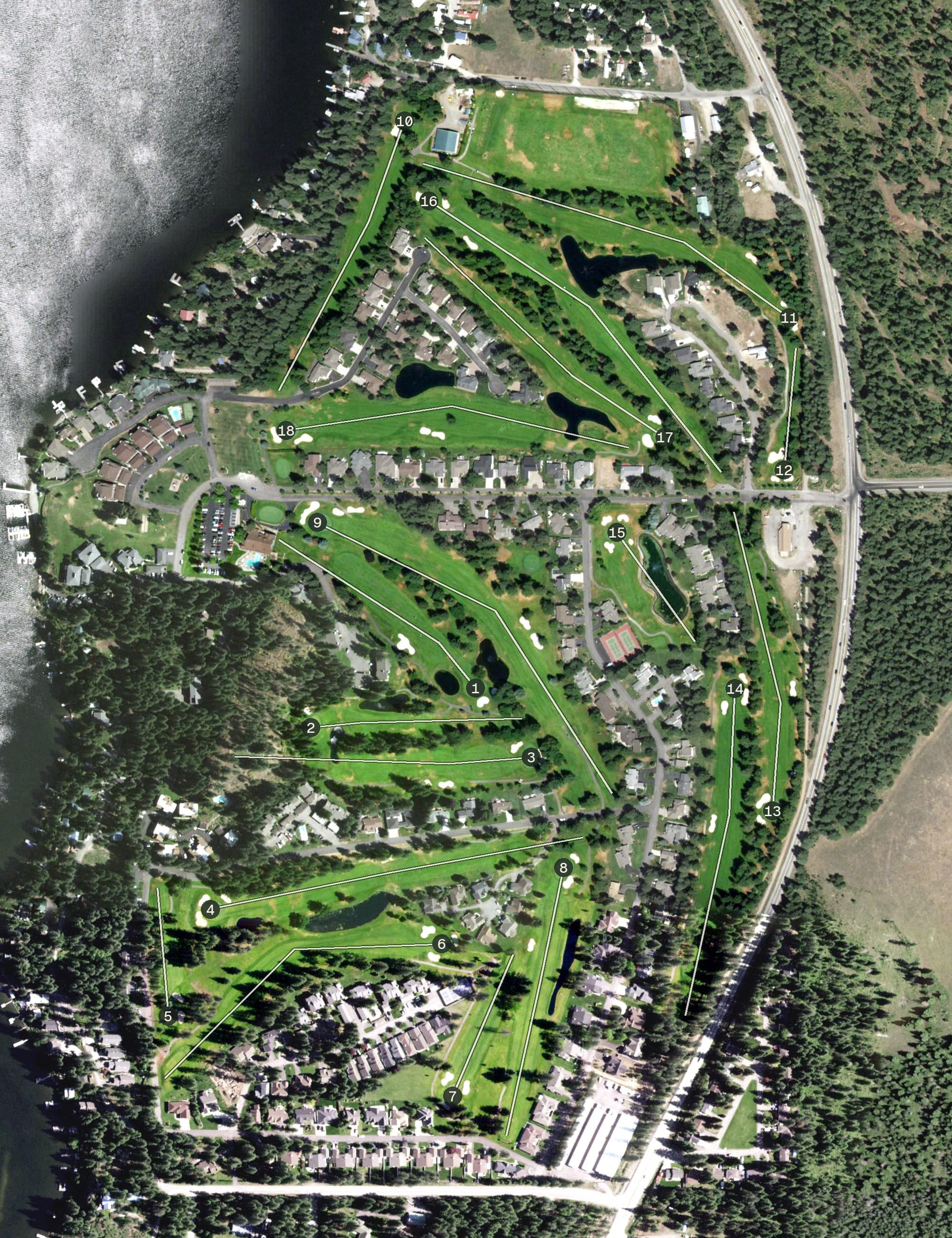 Aerial view of Twin Lakes Village Golf Course, ID, with its hole routing marked