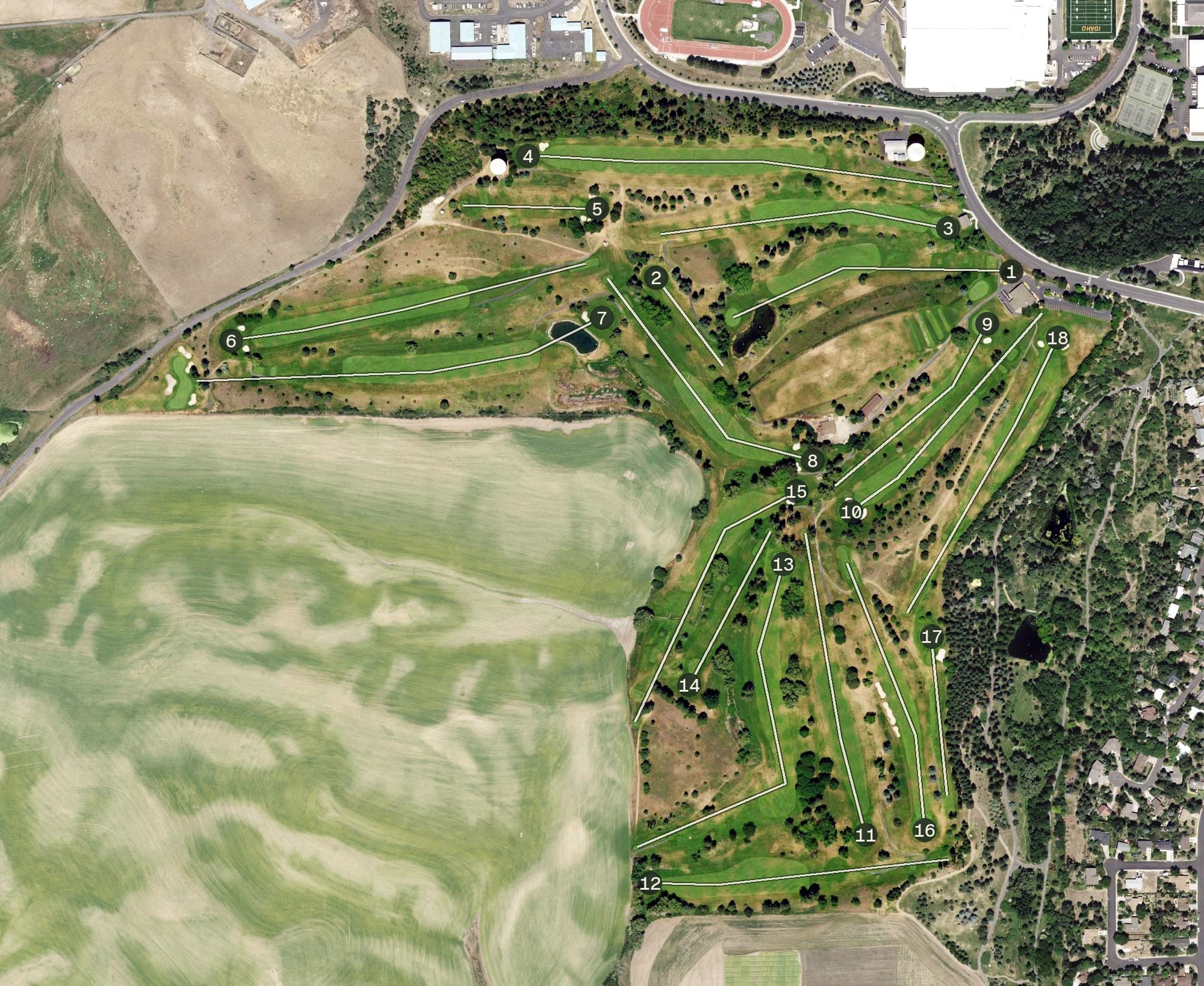 Aerial view of University Golf Course, ID, with its hole routing marked