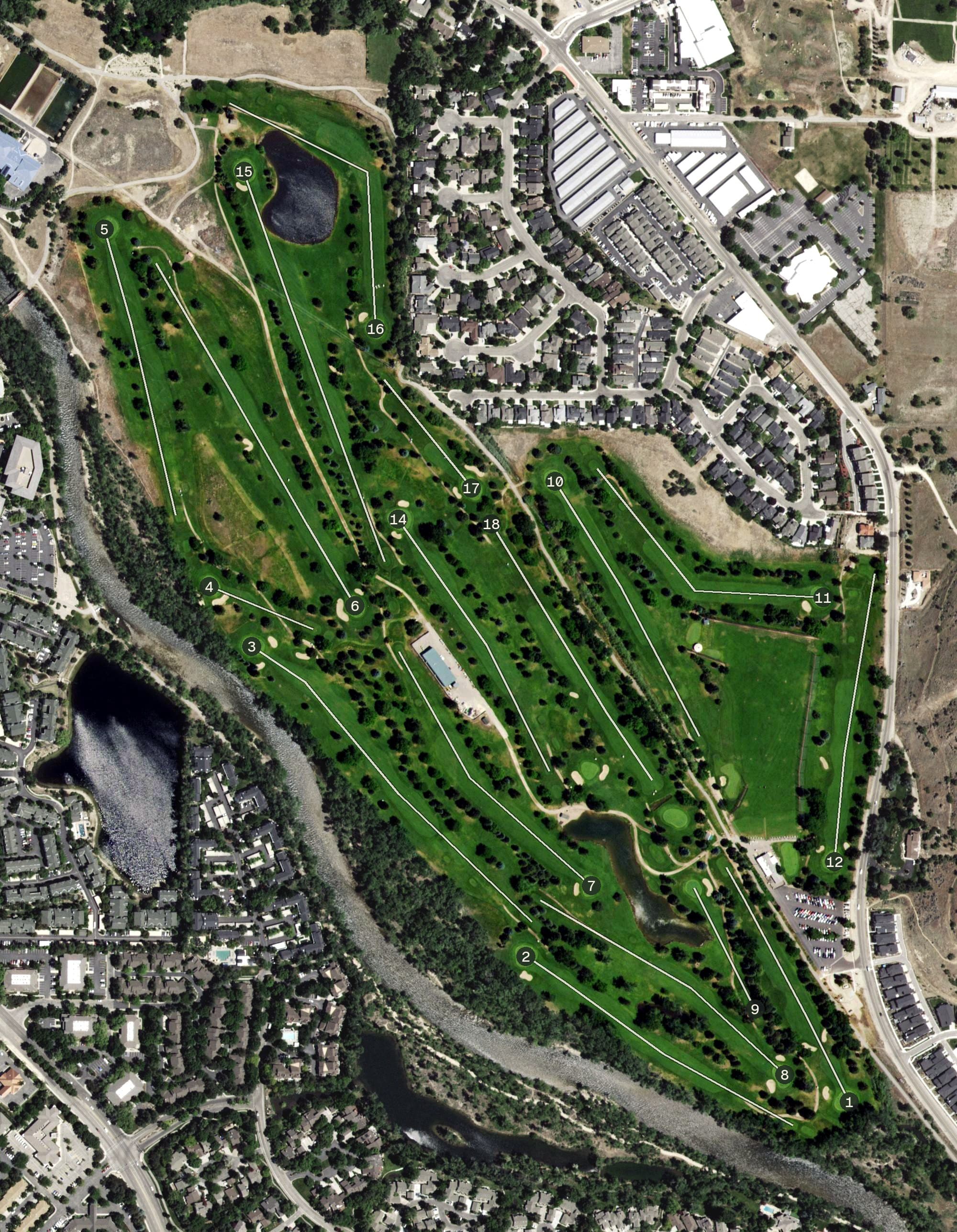 Aerial view of Warm Springs Golf Course, ID, with its hole routing marked