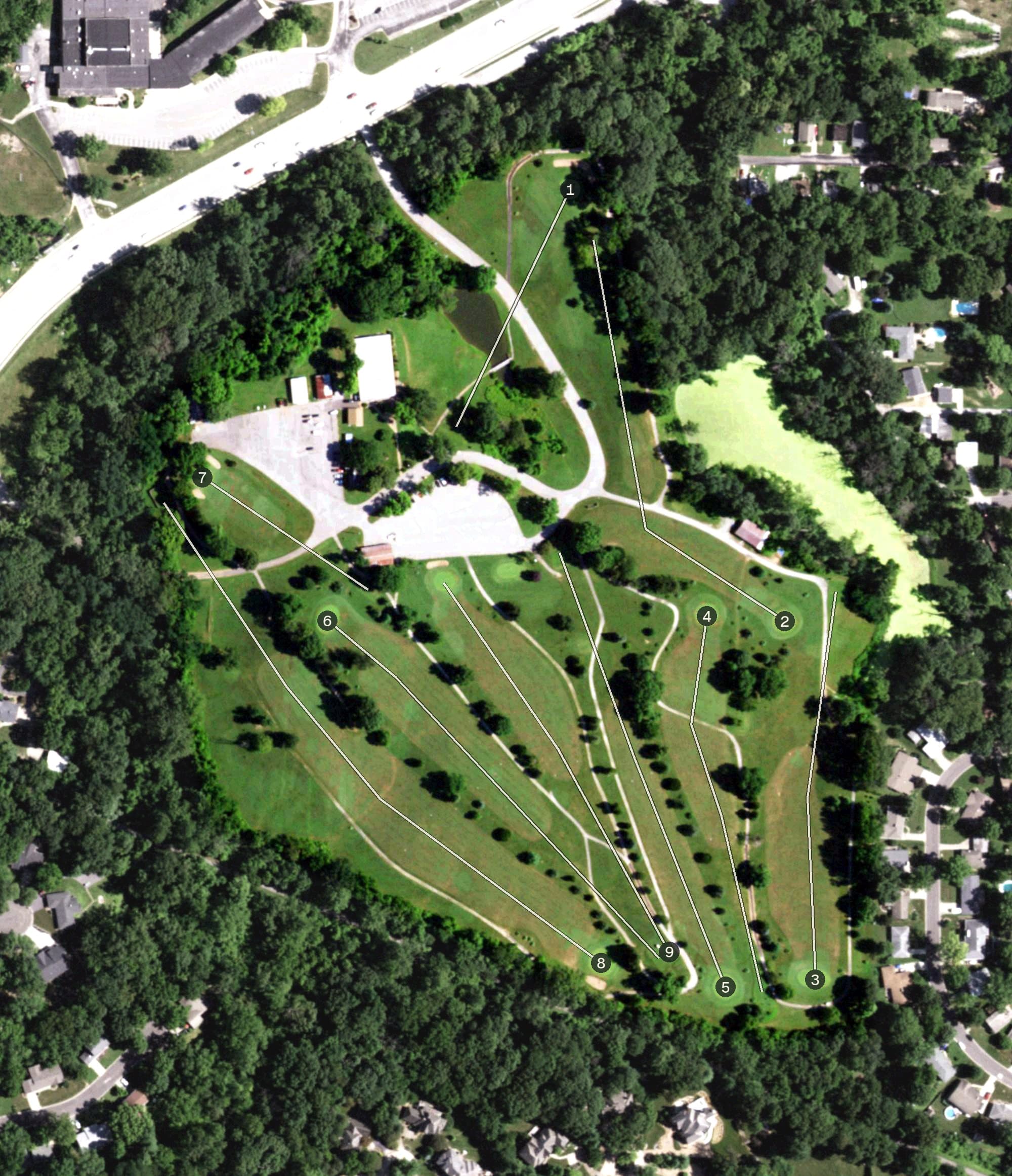 Aerial view of American Legion Golf Course, IL, with its hole routing marked